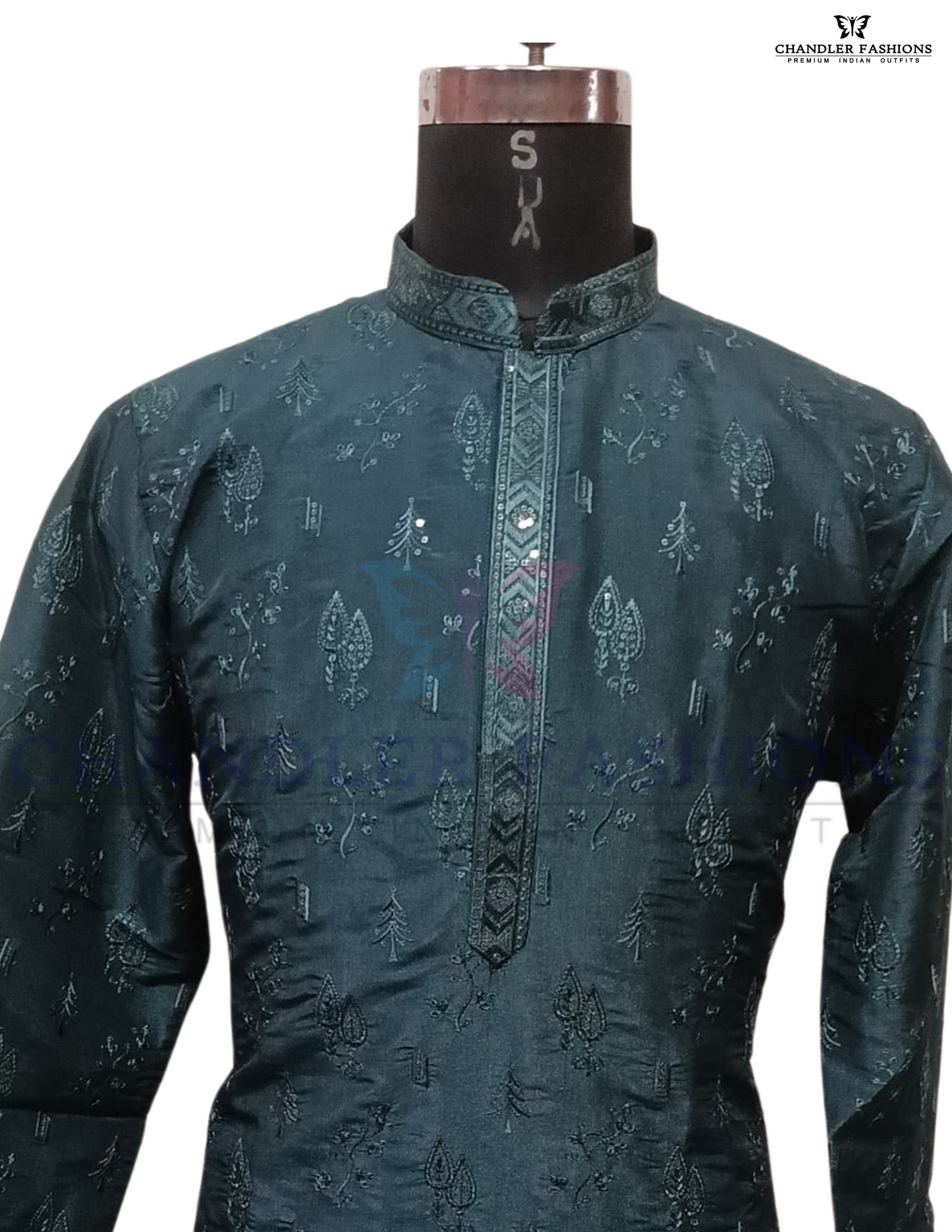 Attractive Teal Blue Color Embroidery Work Kurta With Pajama For Men