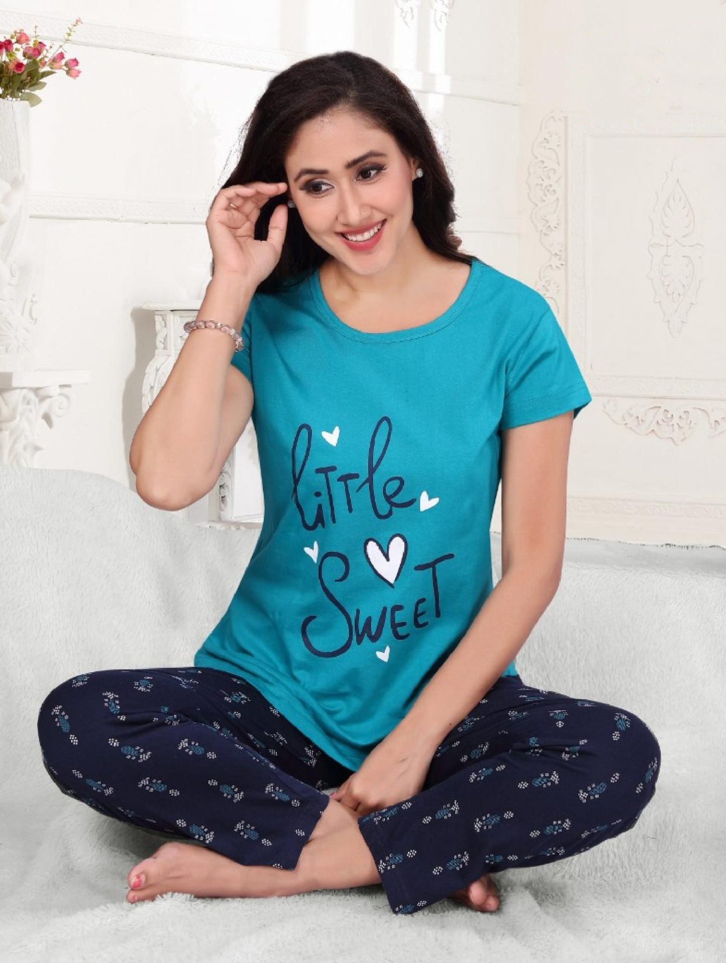 Bluish Green Blush Top With 3/4th Pant & Full Pant Nightwear Near Me