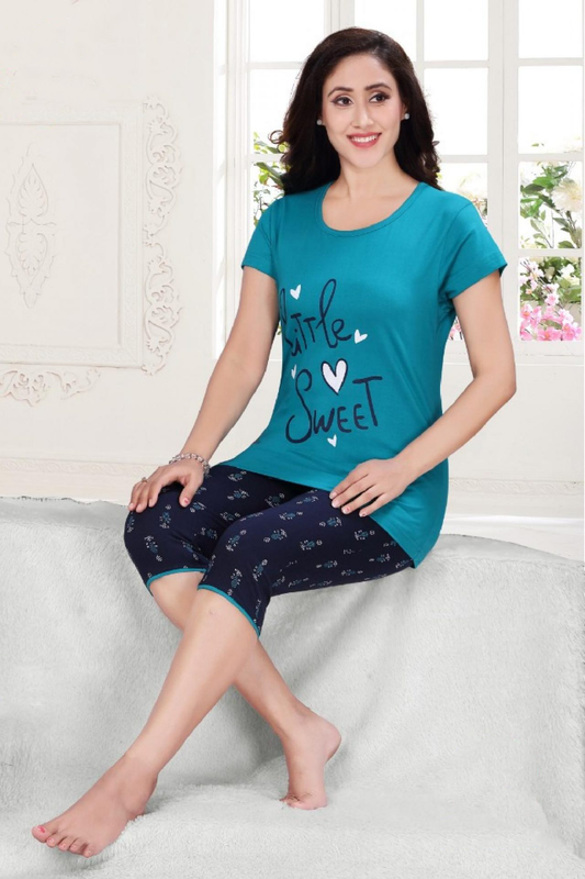 Women's Bluish Green Blush Top With 3/4th Pant & Full Pant Nightwear 3 pieces Set