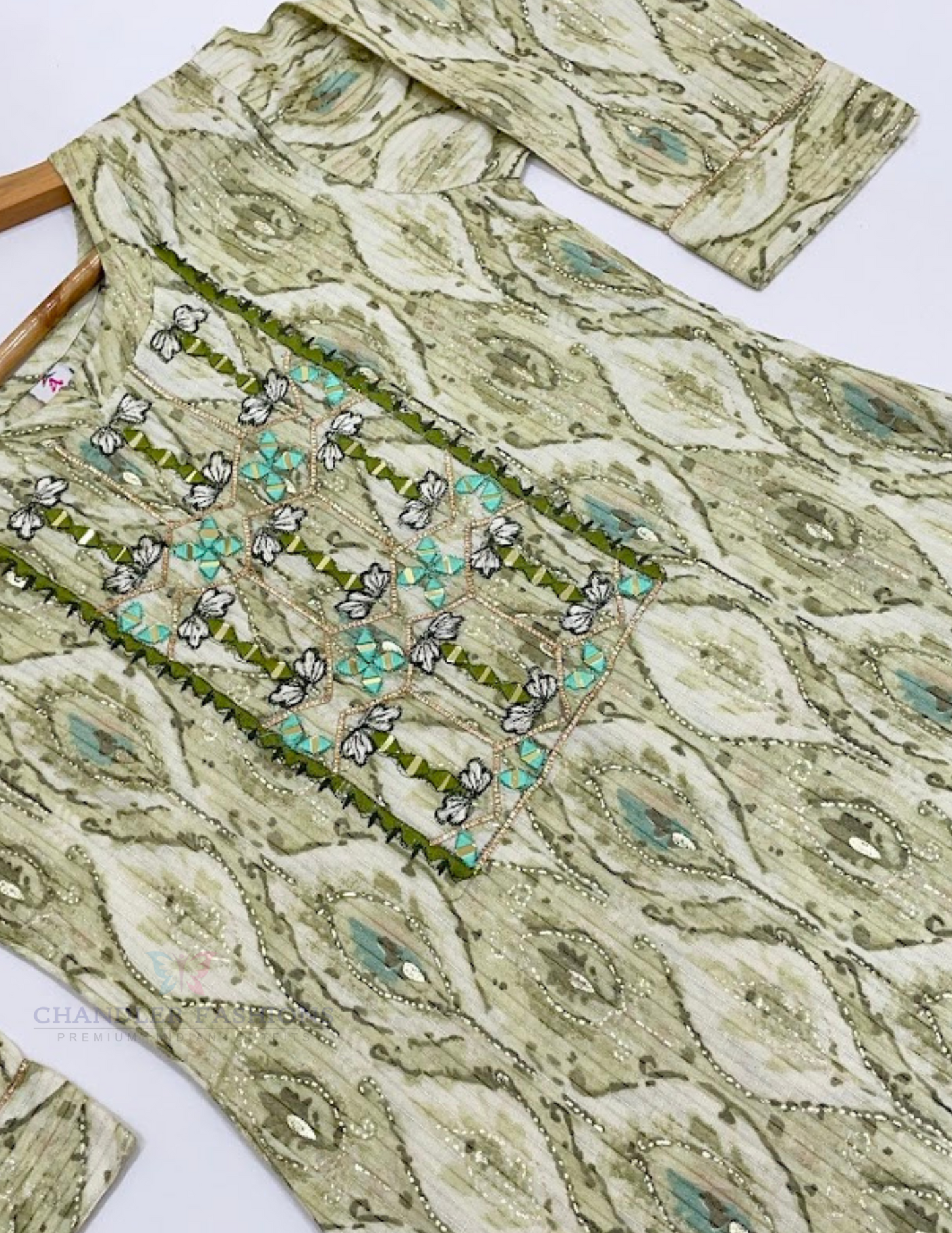 Cream and Light Green Color Poly Cotton With Thread And Mirror Work Kurti In Chandler
