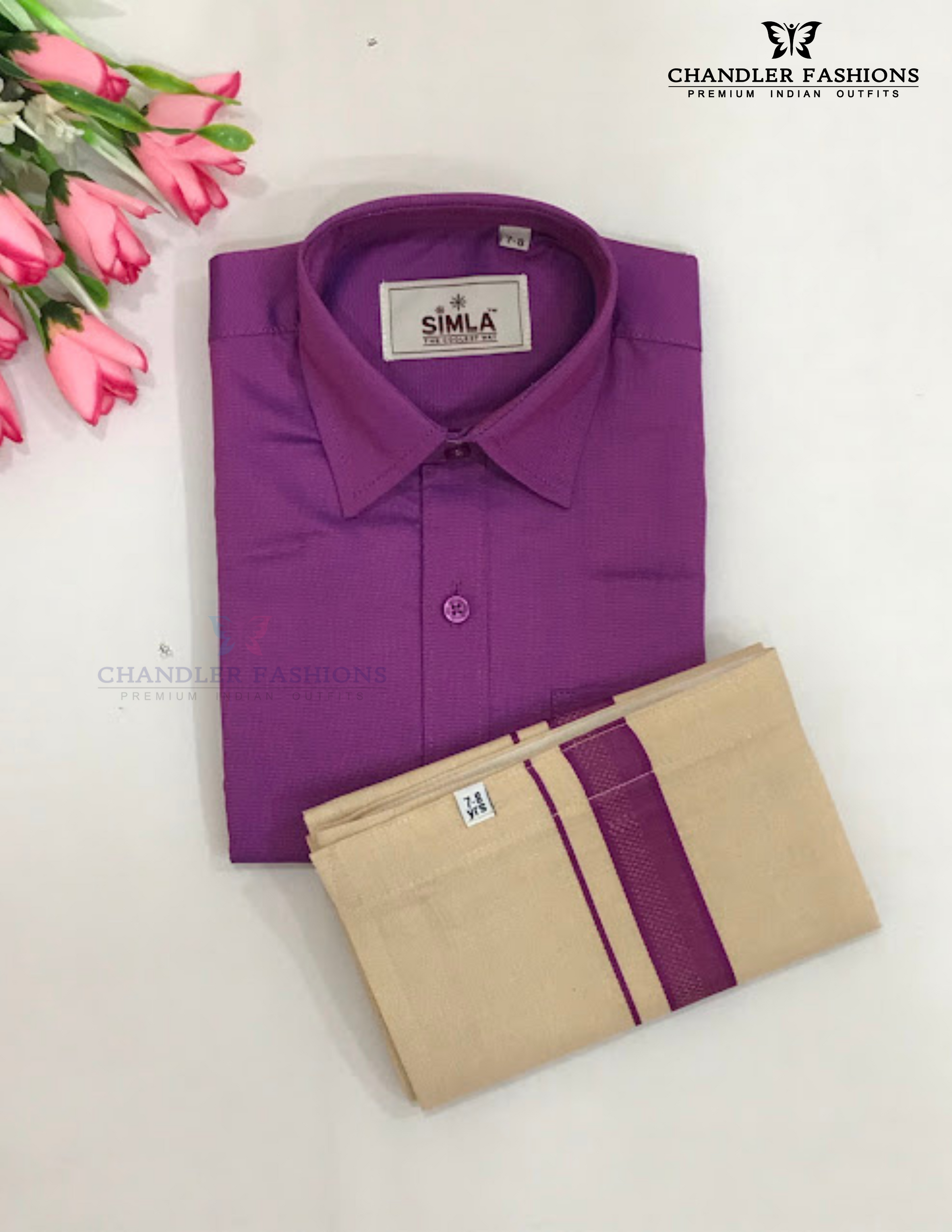 Stunning Purple Cotton Shirt With Tissue Zari Work Dhoti Set For Kids Near Me
