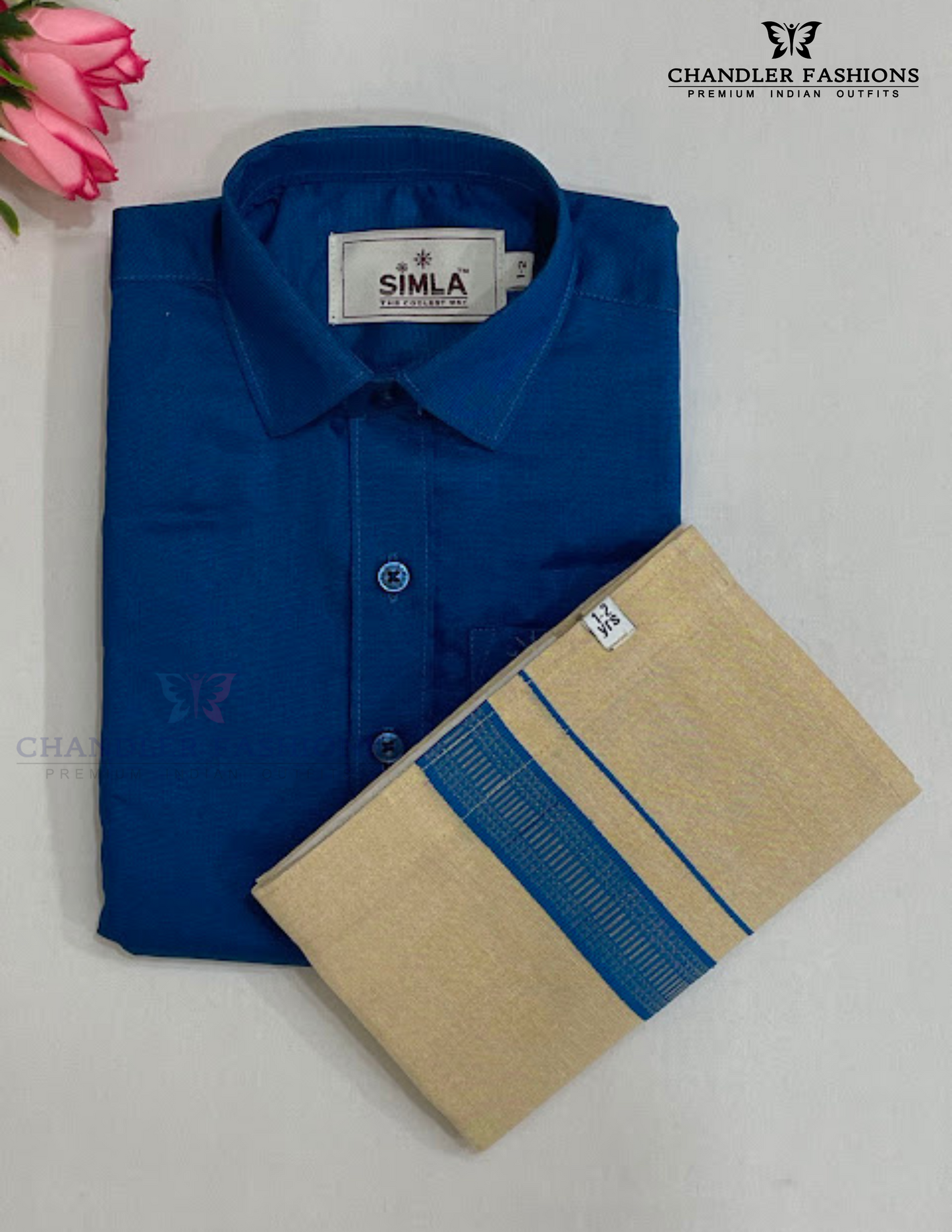 Alluring Blue Color Cotton Shirt With Tissue Zari Work Dhoti Set For Kids Near Me