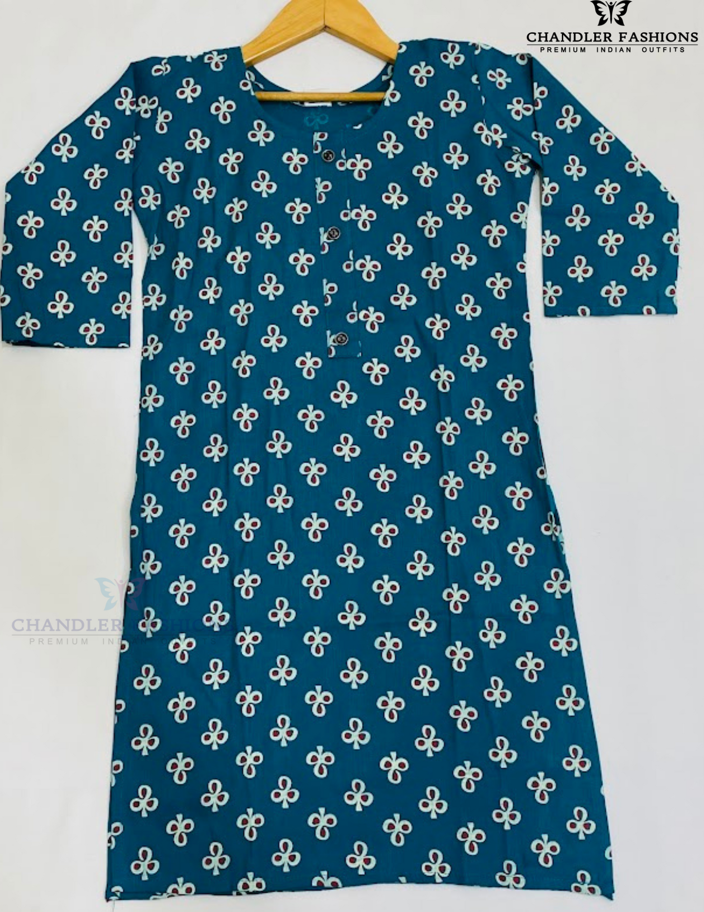 Teal Blue Color Rayon With Printed Work Kurti In Mesa