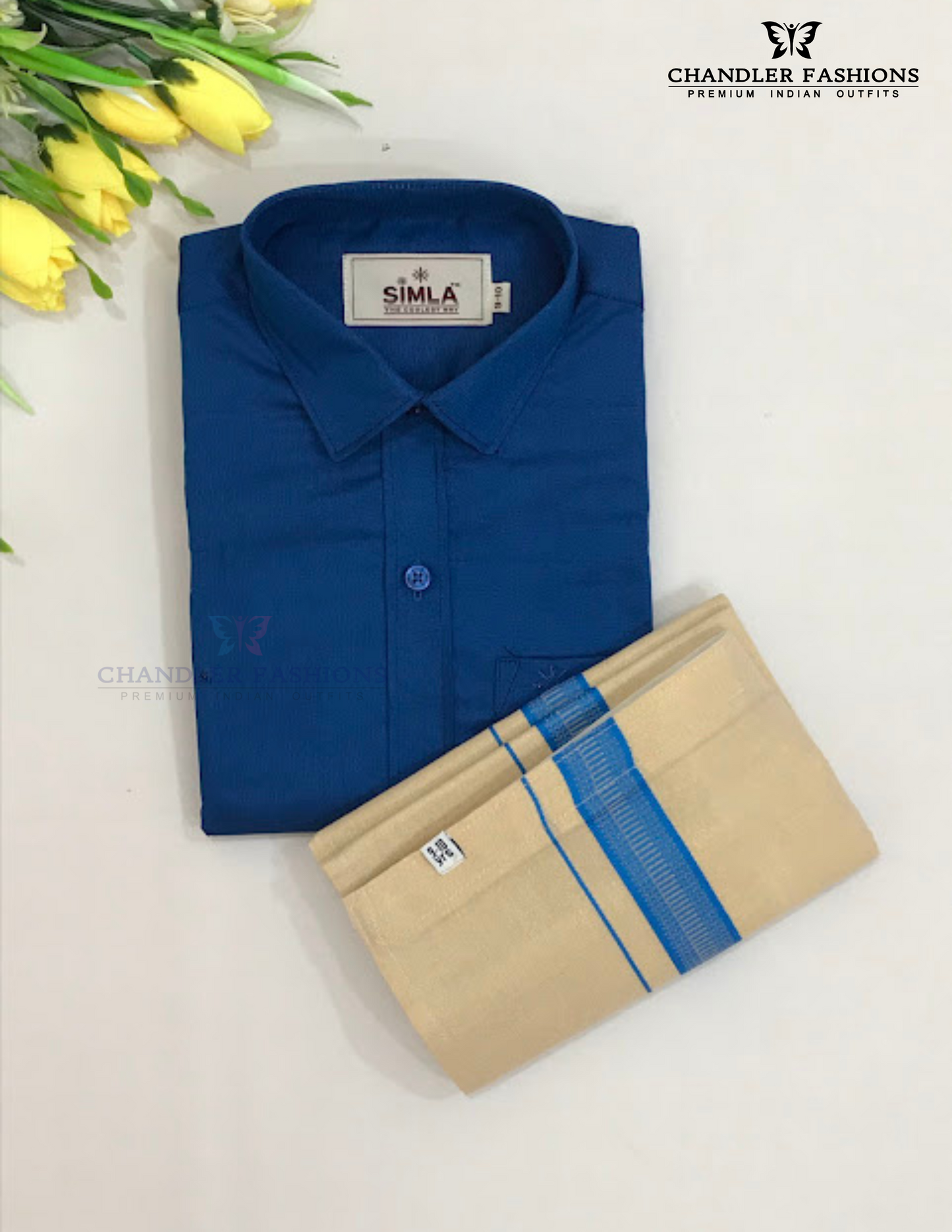 Gorgeous Blue Color Cotton Shirt With Tissue Zari Work Dhoti Set For Kids Near Me