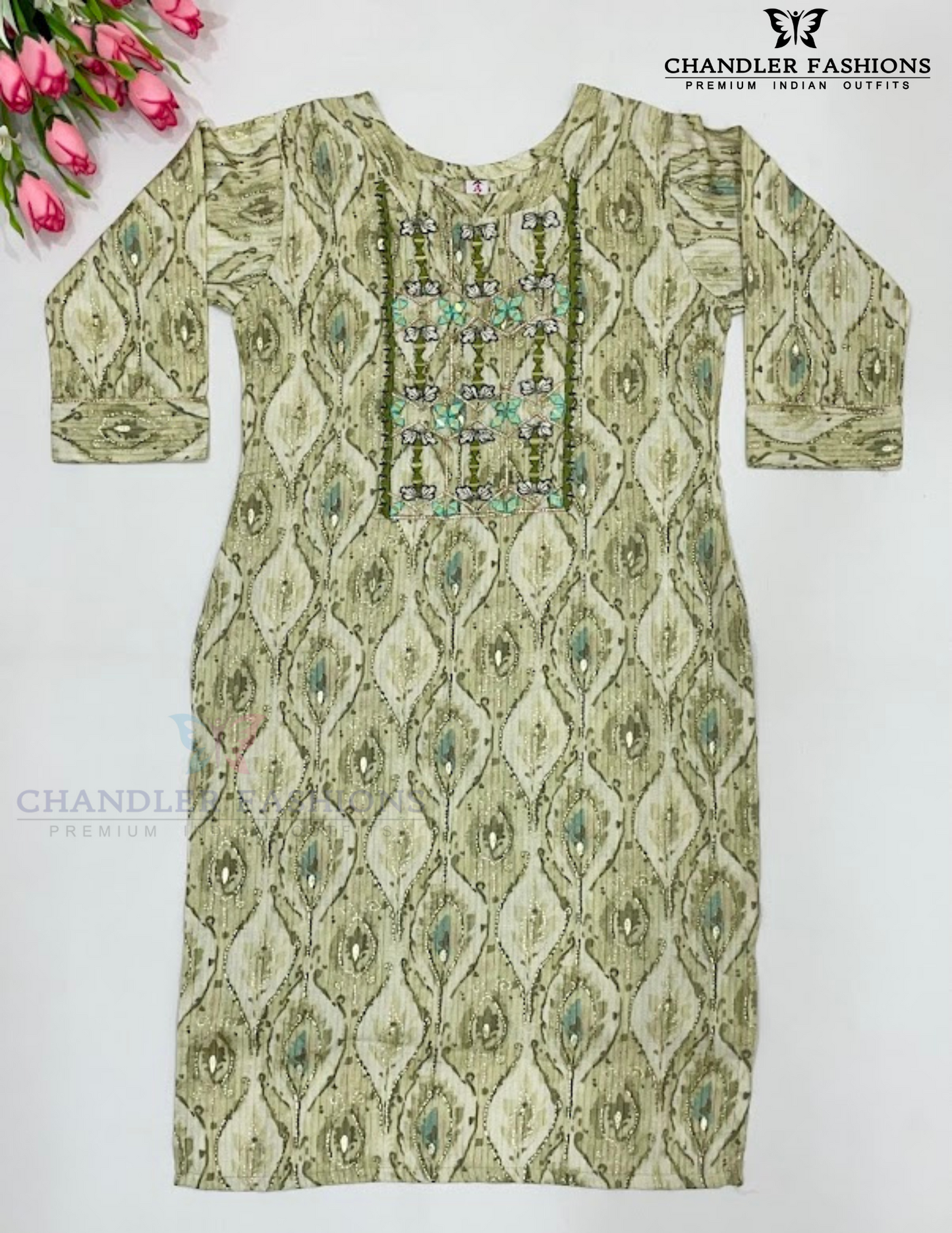 Attractive Cream and Light Green Color Poly Cotton With Thread And Mirror Work Kurti For Girls