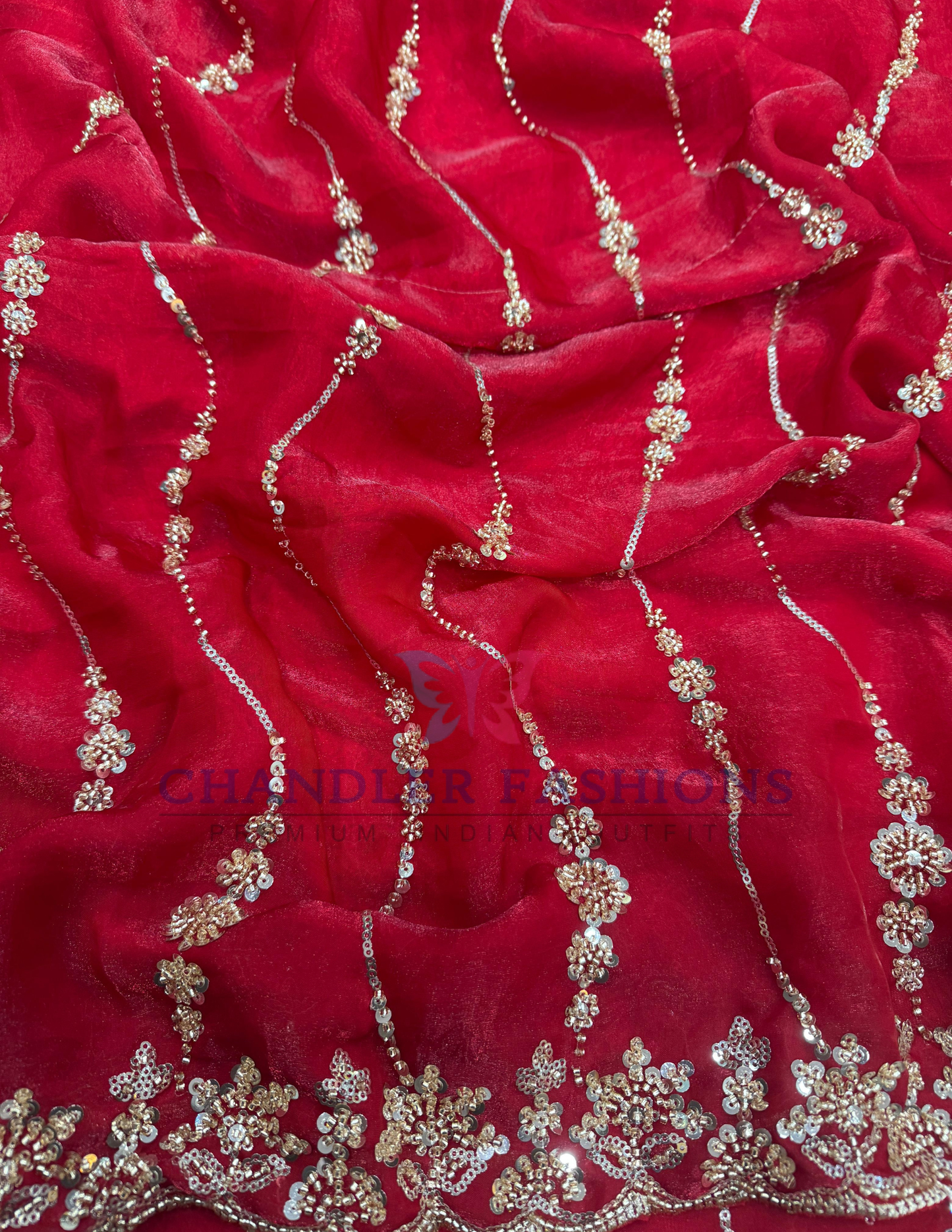 Beautiful Red Color Space Silk Embroidery And Sequins With Beads Work Saree Near Me