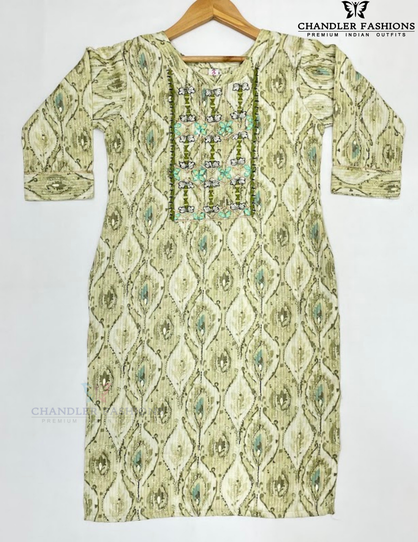 Cream and Light Green Color Poly Cotton With Thread And Mirror Work Kurti In Yuma
