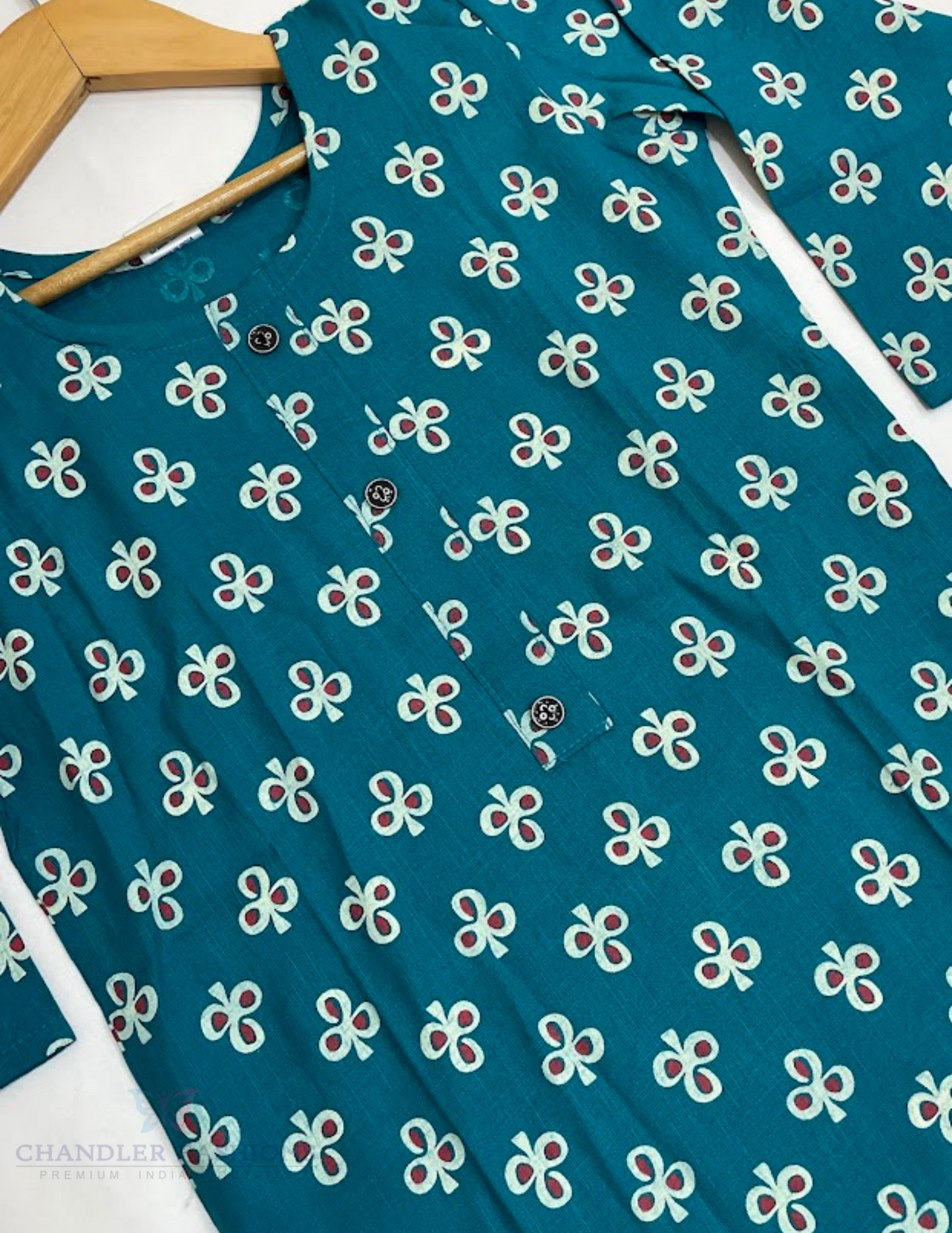 Teal Blue Color Rayon With Printed Work Kurti In Chandler