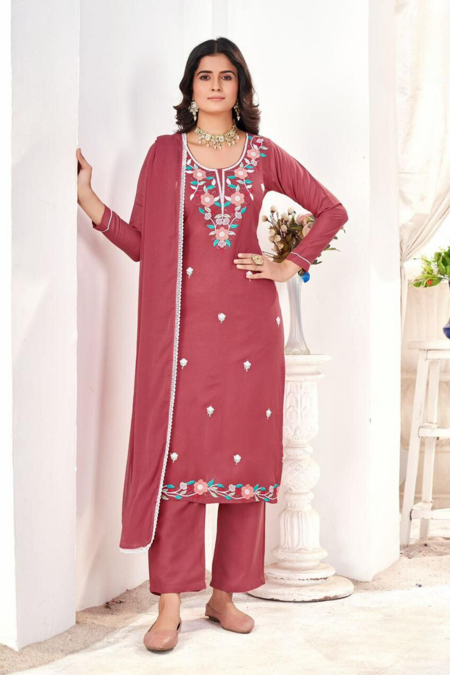 Attractive Dusty Pink Color Embroidery Work Salwar Suits With Dupatta For Women
