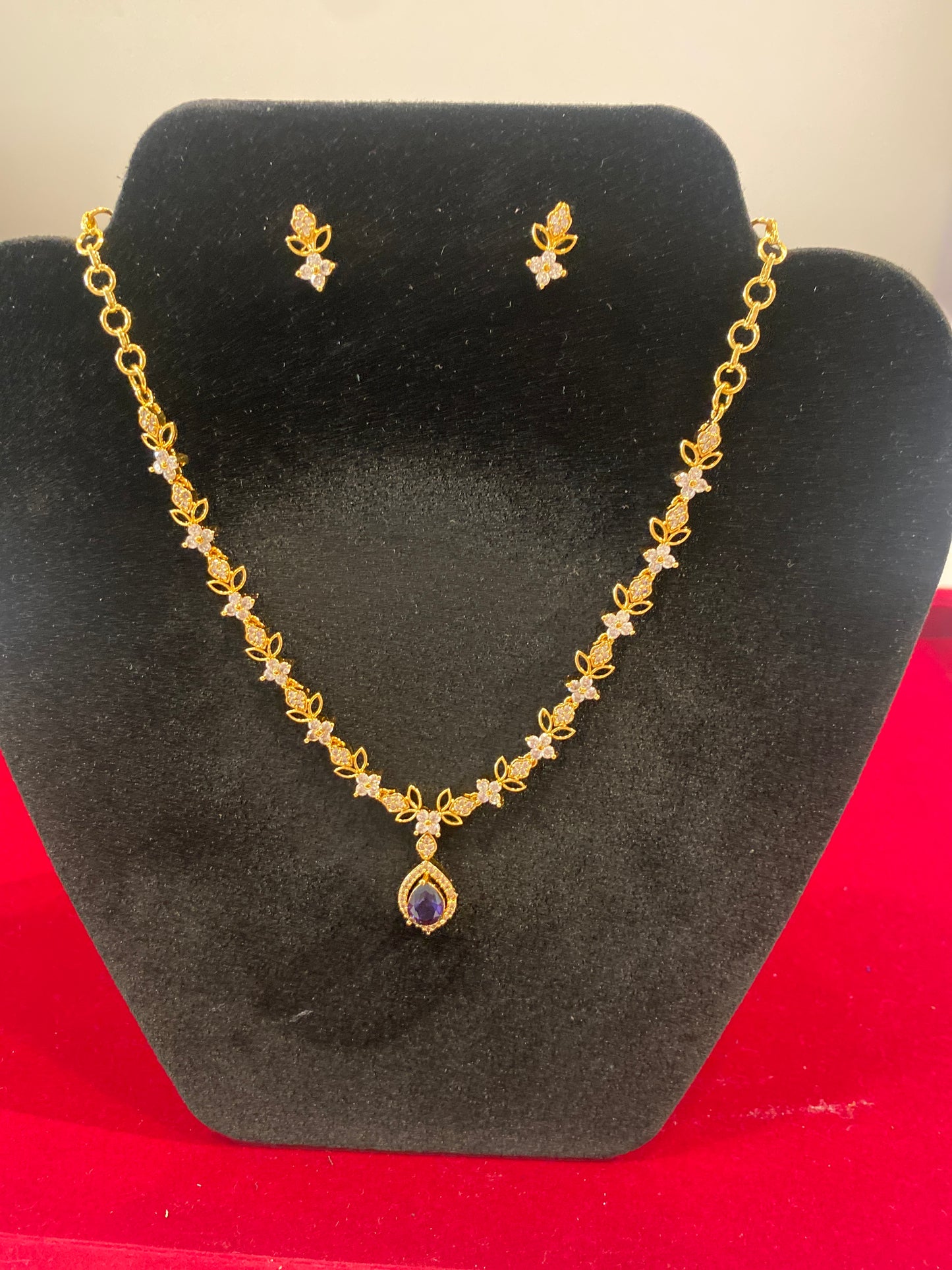 Stunning White And Purple Stones Gold Plated Necklace With Earrings