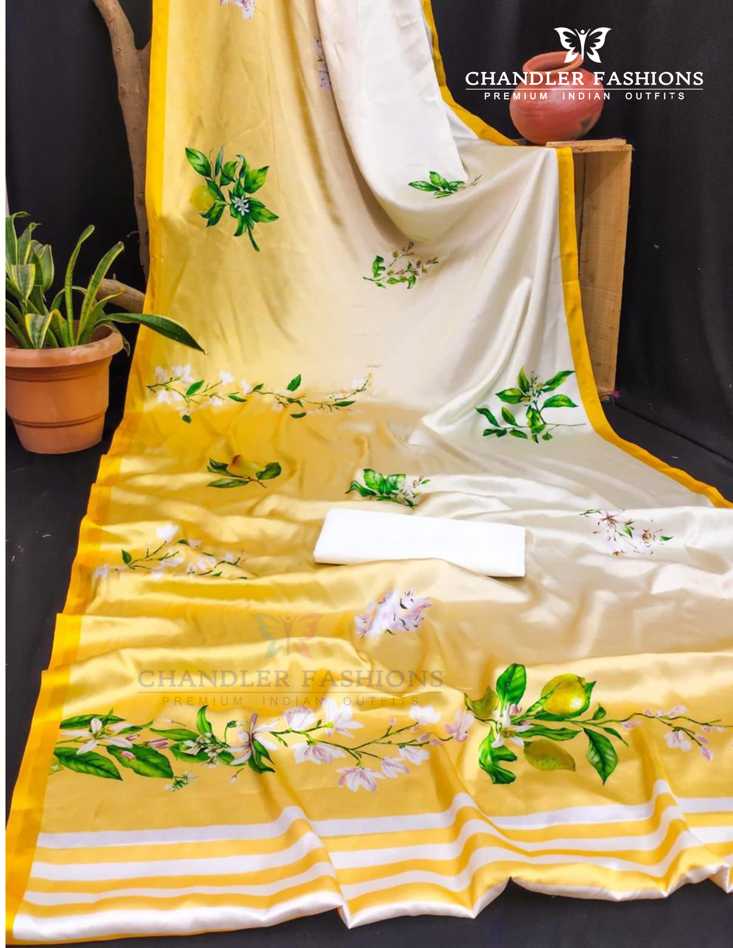 Yellow Color Printed Work Saree In Yuma