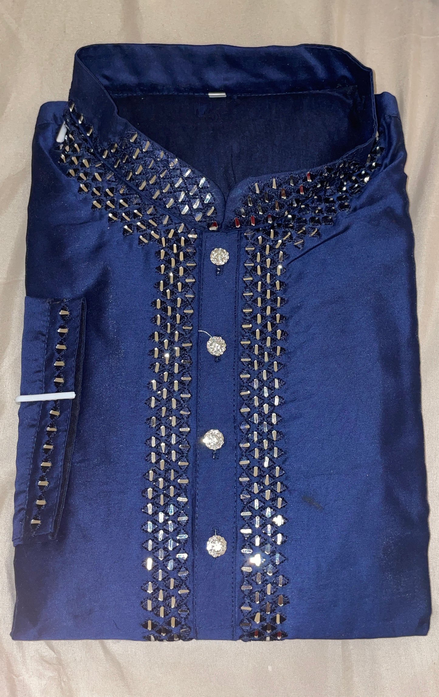 Stunning Navy Blue Embroidered Silk Kurta with Pajama for Men.