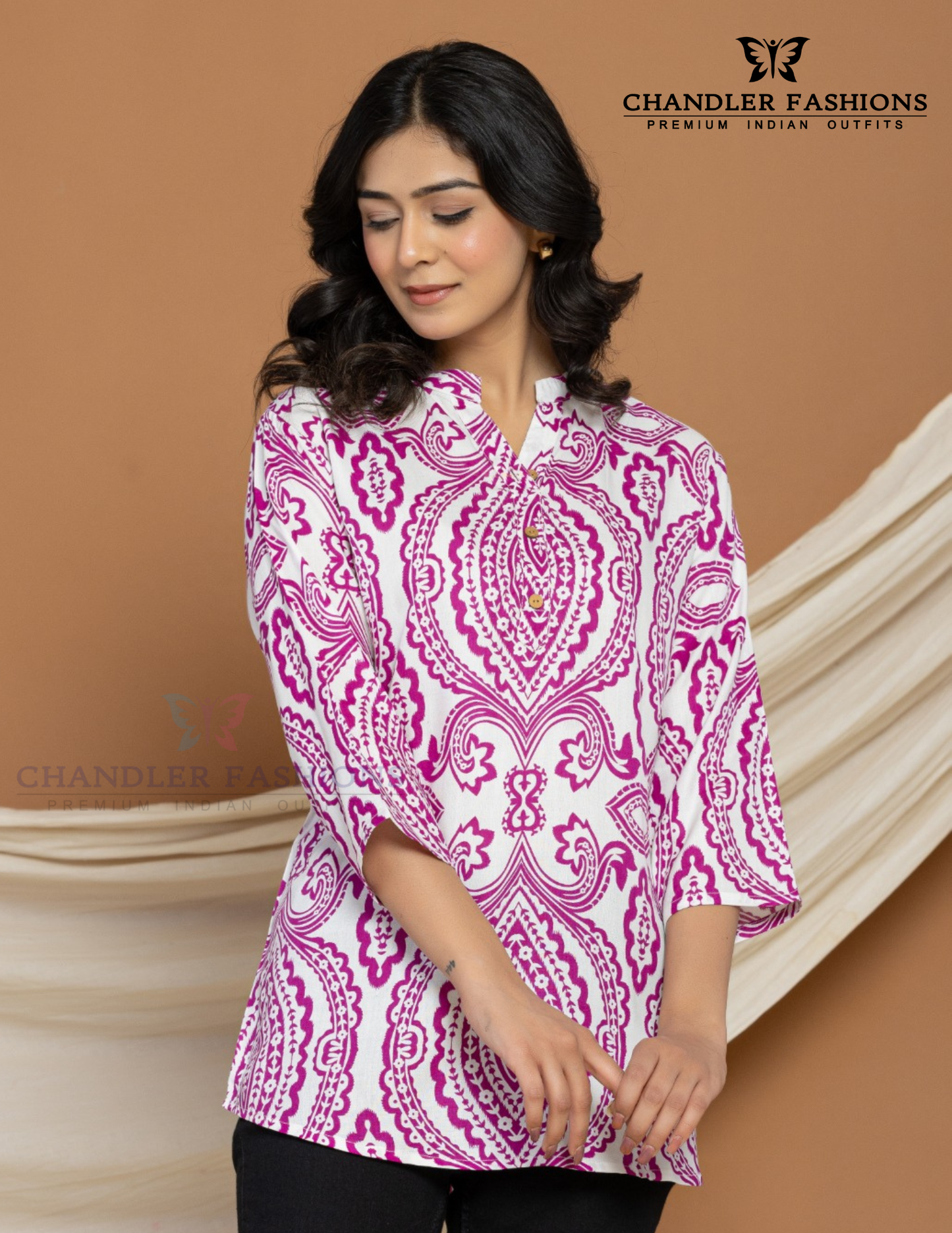 Beautiful White And Pink Color Cotton With Printed Work Short Kurti For Women