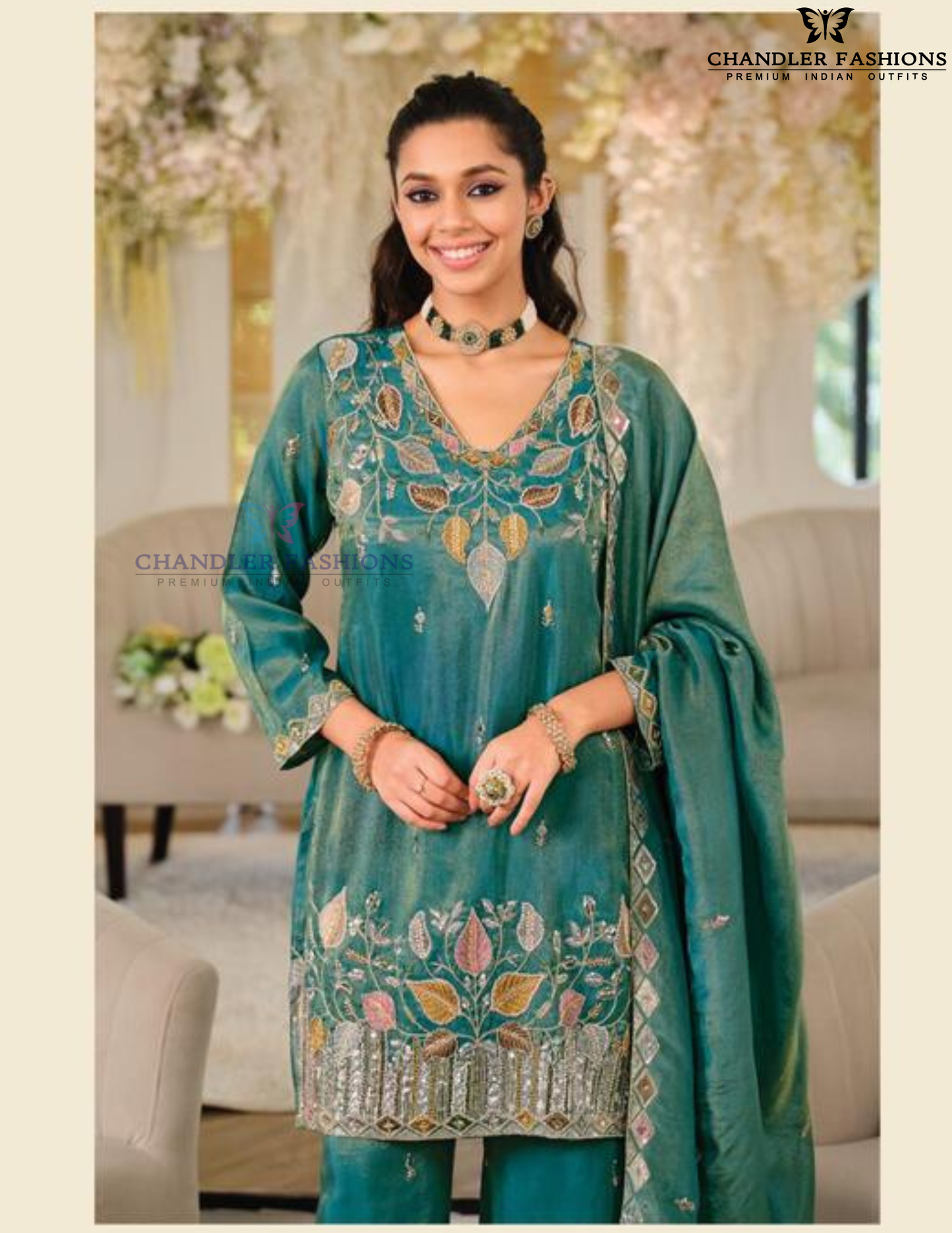 Green Color Shimmer With Embroidery Work Palazzo Suits In Surprise