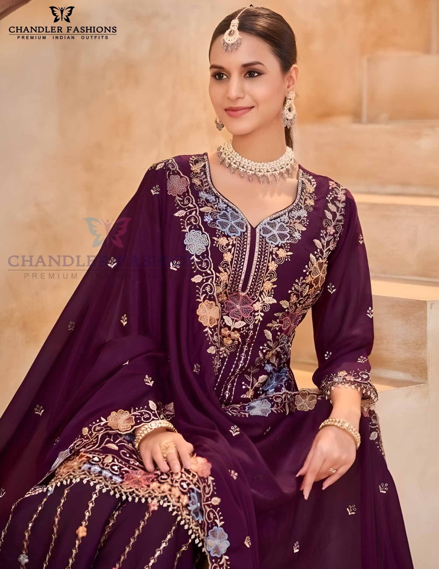 Dark Purple Color Embroidery Work Palazzo Suits Near Me