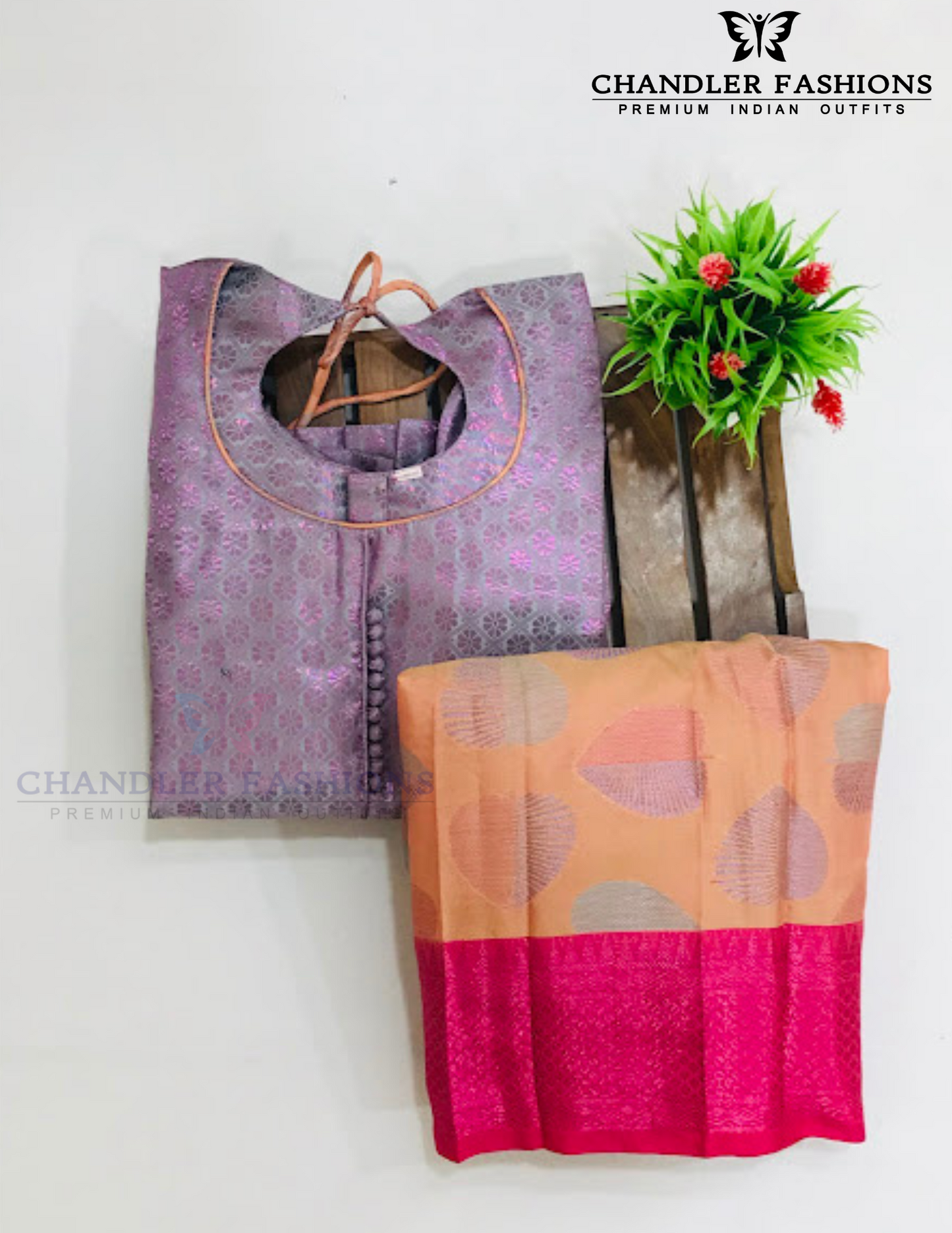 Light Purple And Peach Color Silk Langa sets With Zari Work In USA