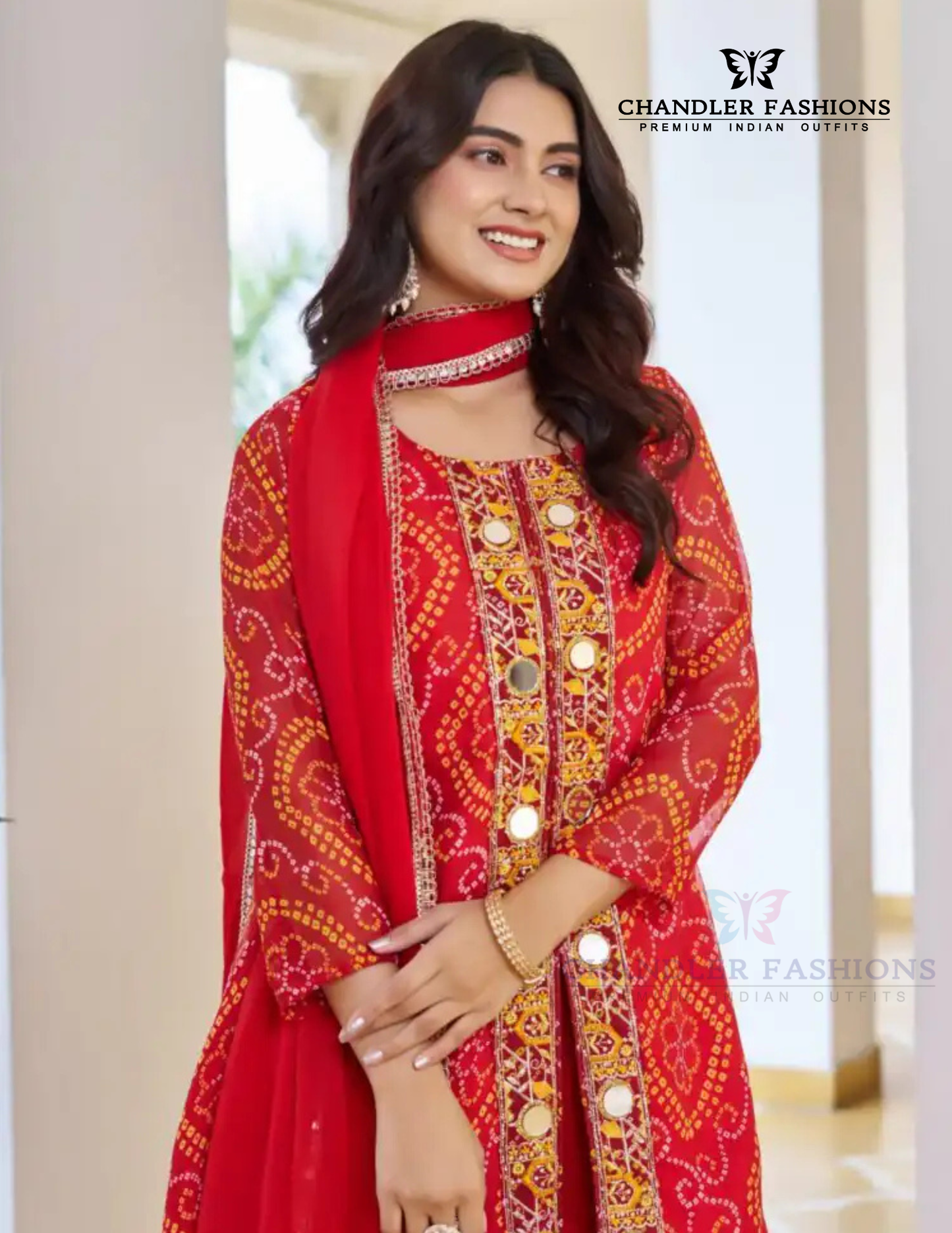 Red Color Georgette With Bandhej Print Palazzo Suits In Chandler