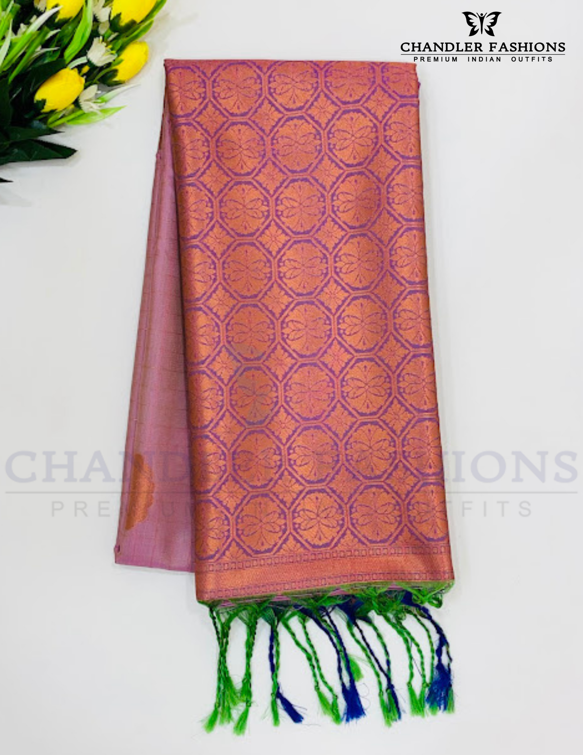 Fanciable Lavender Color Soft Silk With Flower Design And Gloden Zari Work Saree For Women