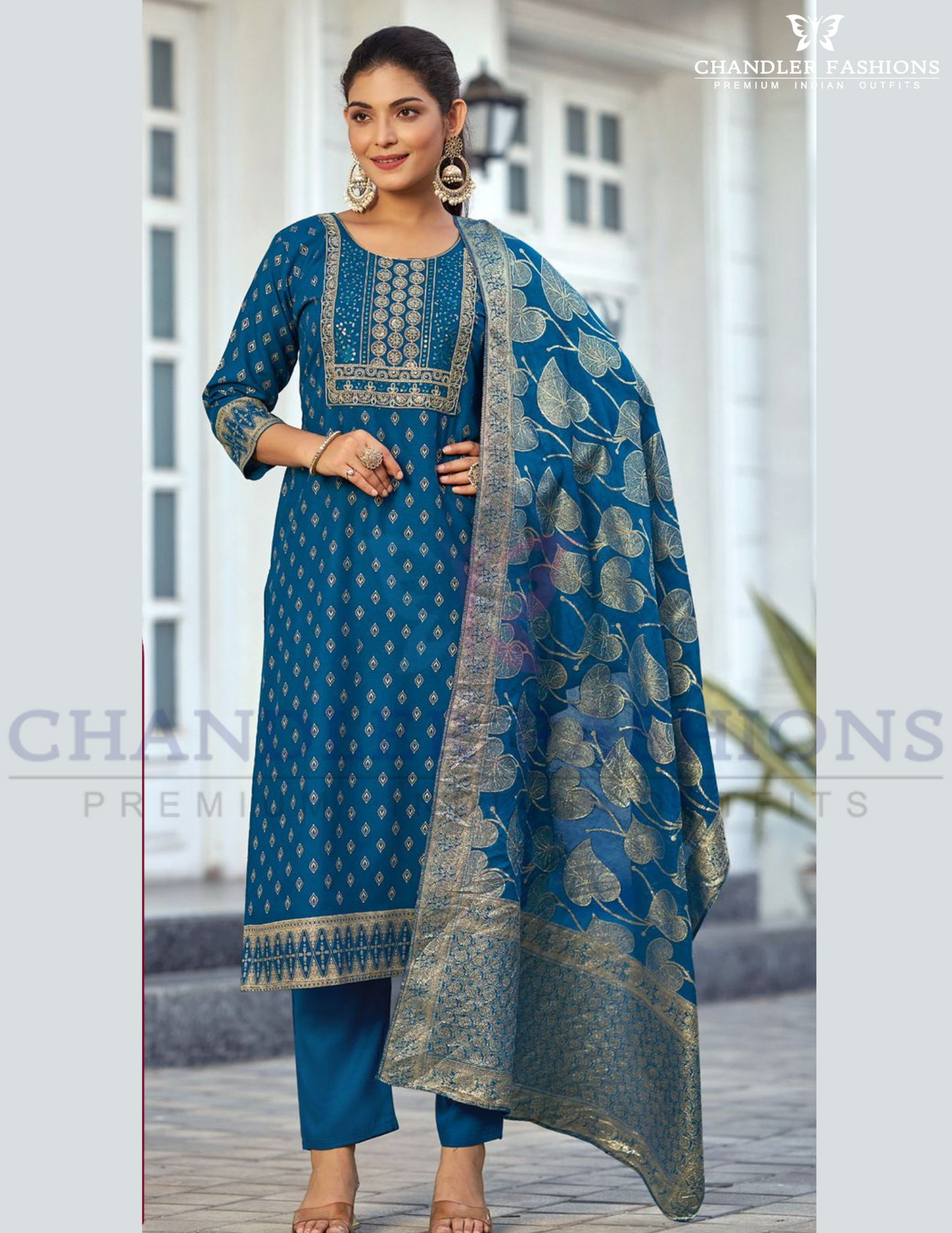 Charming Teal Blue Color Rayon Foil Printed With Embroidery Work Salwar Suits For Women
