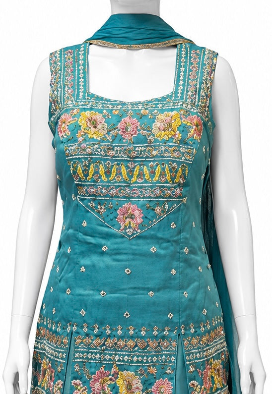 Amazing Teal Green Color Silk With Embroidery Work Sharara Suits With Dupatta For Women