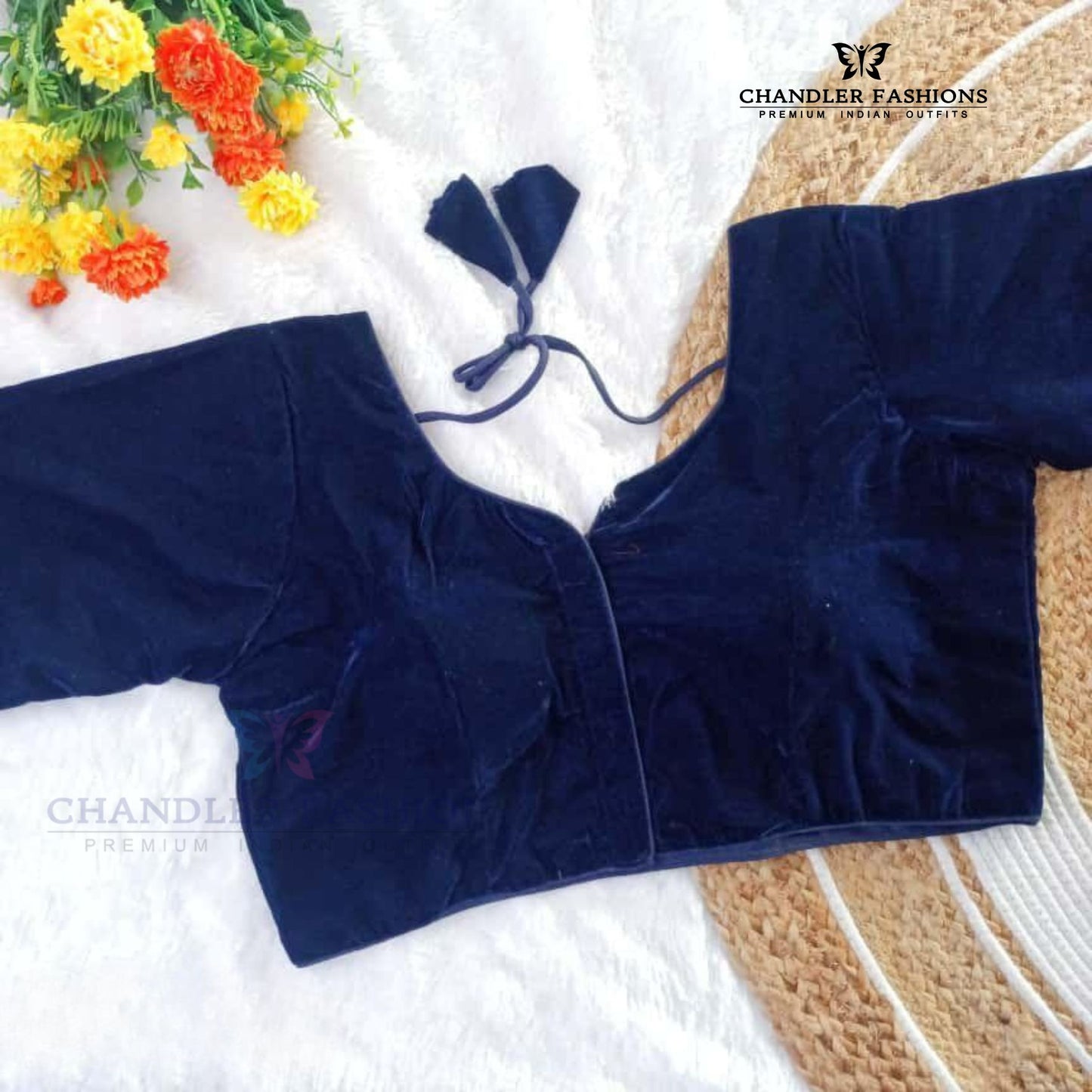 Attractive Navy Blue Colored Velvet With Paan Neck Readymade Blouse For Women Near Me