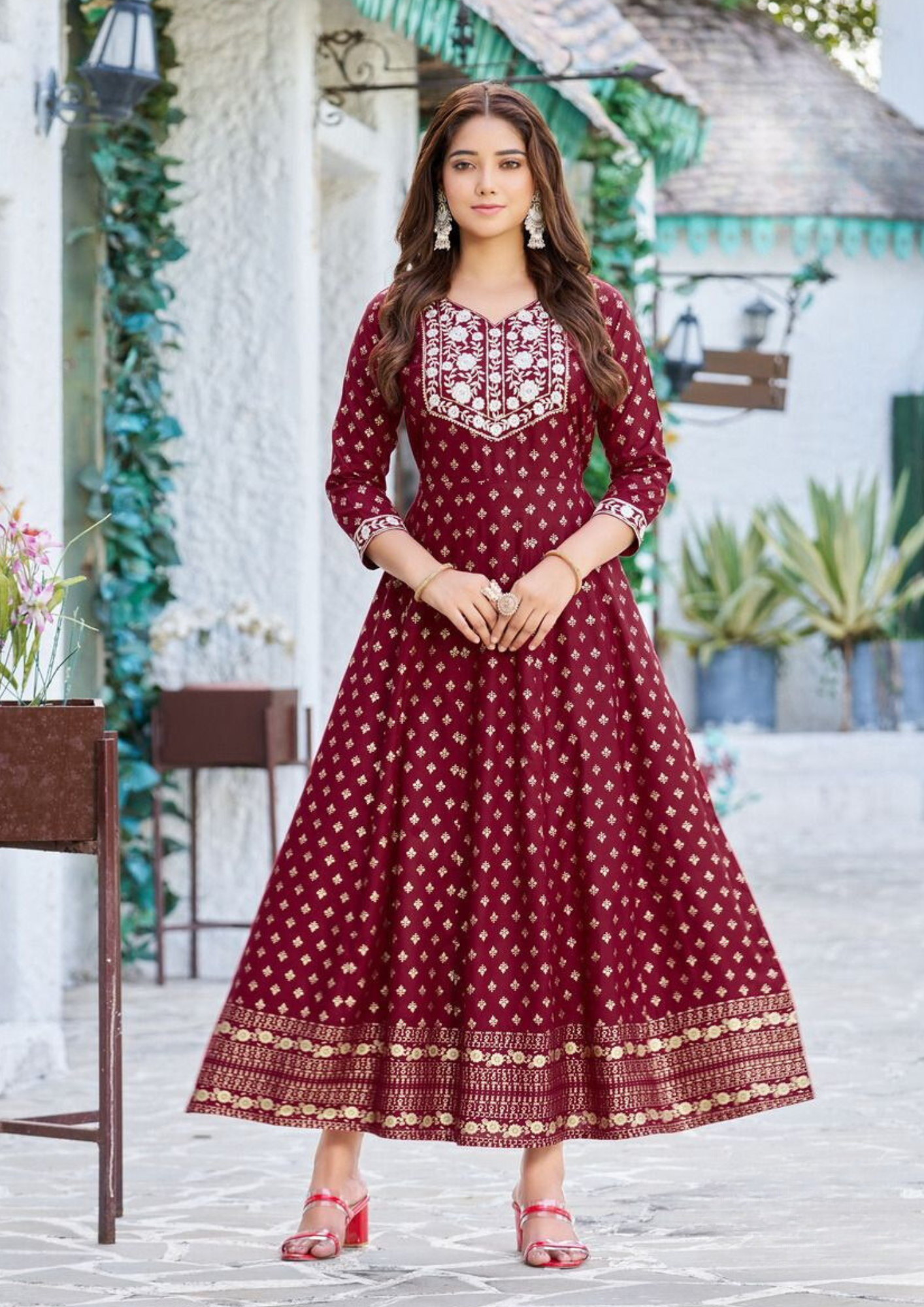 Ravishing Maroon Colored Rayon Printed With embroidery work Long Anarkali Gown