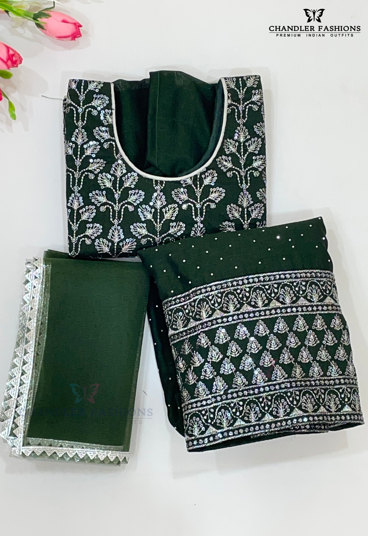 Dark Green Colored Silk Choli Sets With Stone Work In Globe