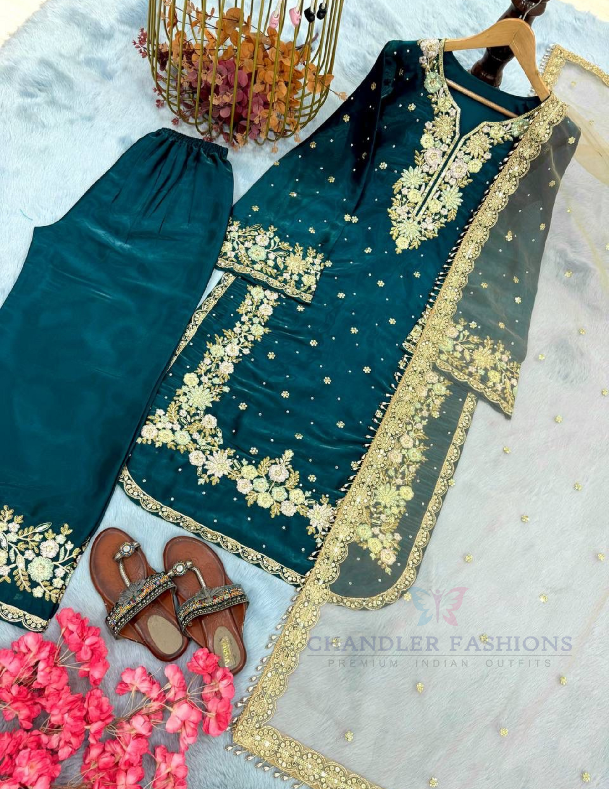 Beautiful Teal Blue Color Palazzo Suits With Embroidery Work In Chandler