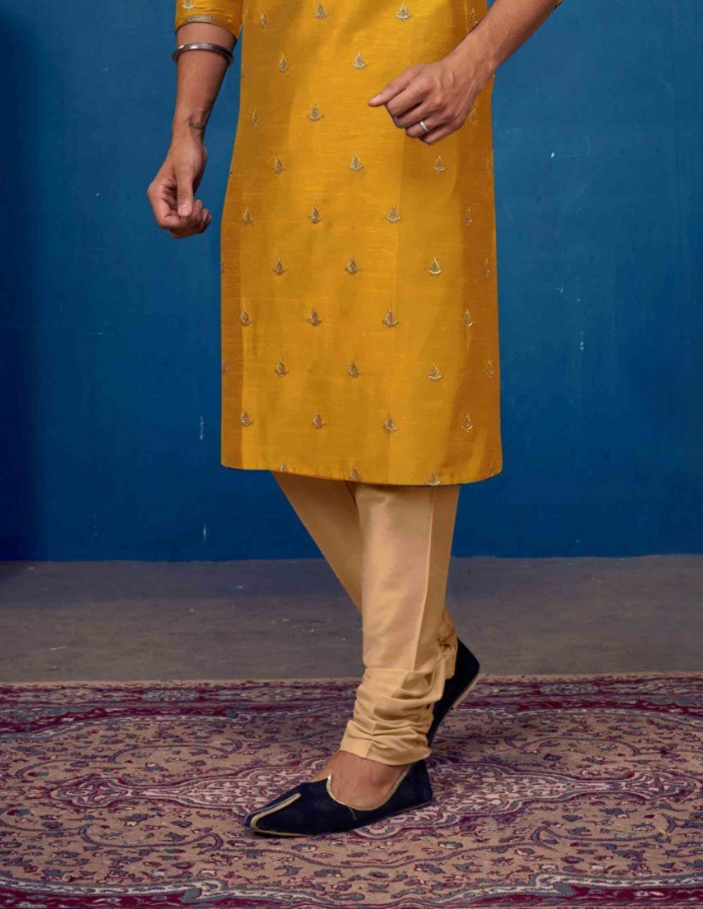Mustard Yellow Color Slub Silk Embroidery Work Kurta Pajama in Chandler