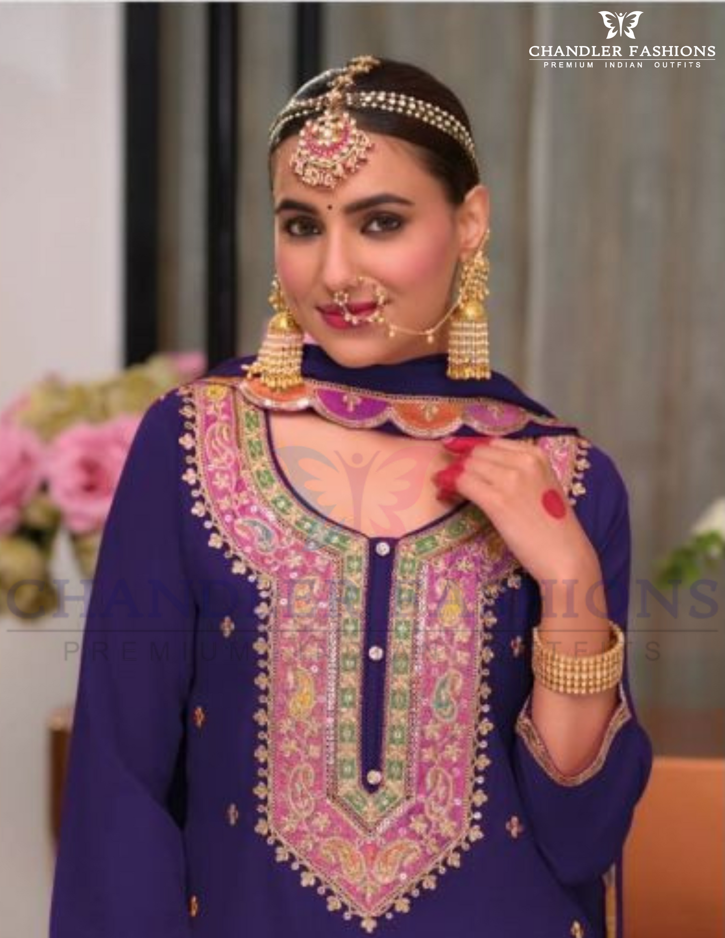 Chinon Embroidery Work Palazzo Suits With Dupatta Near Me
