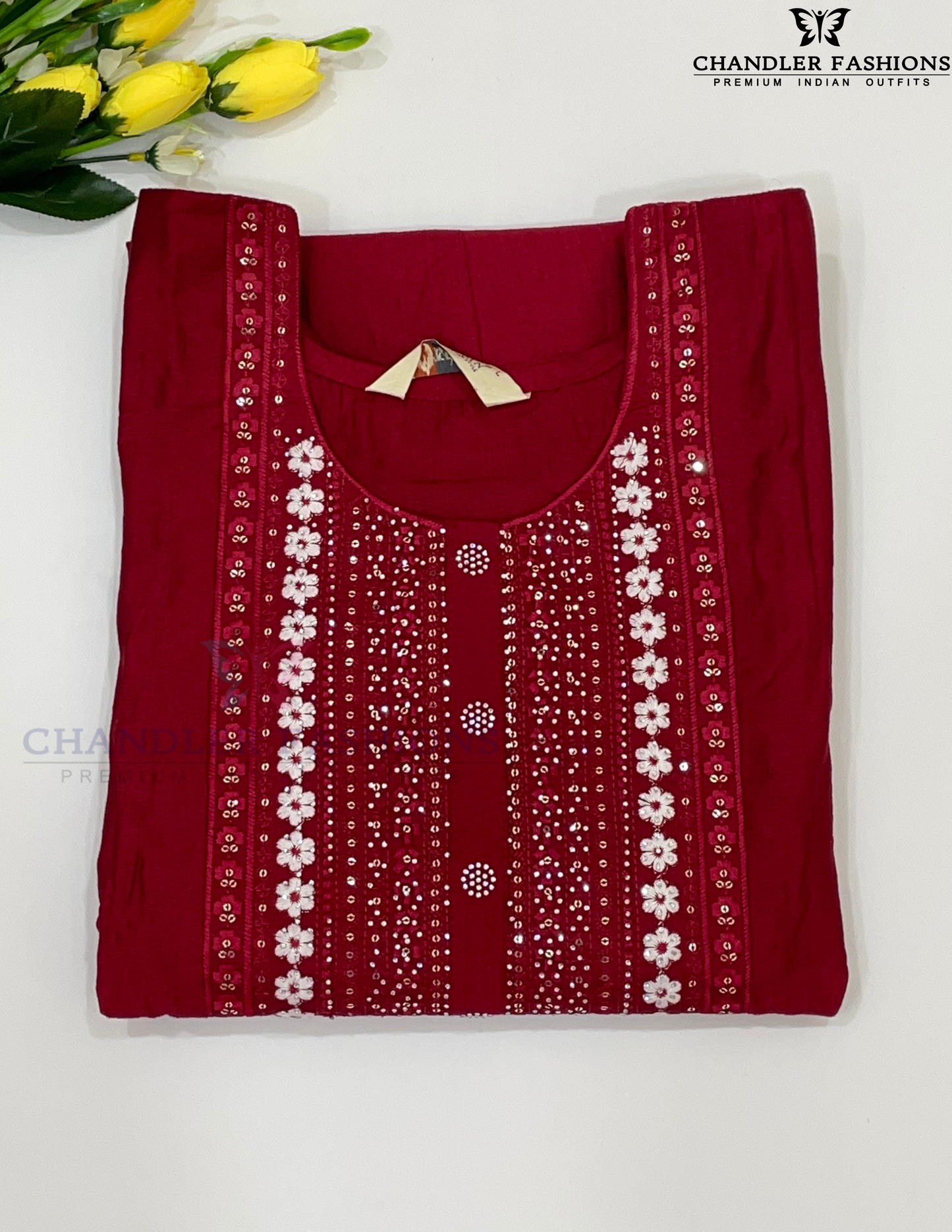 Elegant Dark Red Color Cotton With Embroidery Sequins Work Kurti For Women Near Me