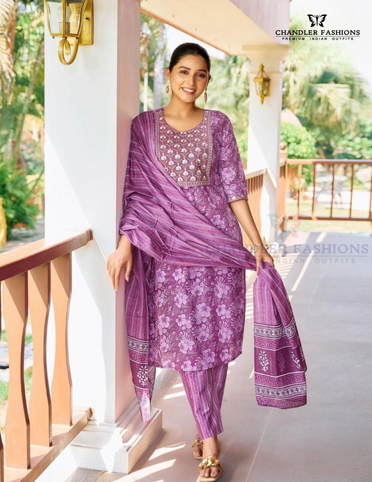 Attractive Purple Color Cotton Printed Embroidery Work Salwar Suits With Dupatta Set