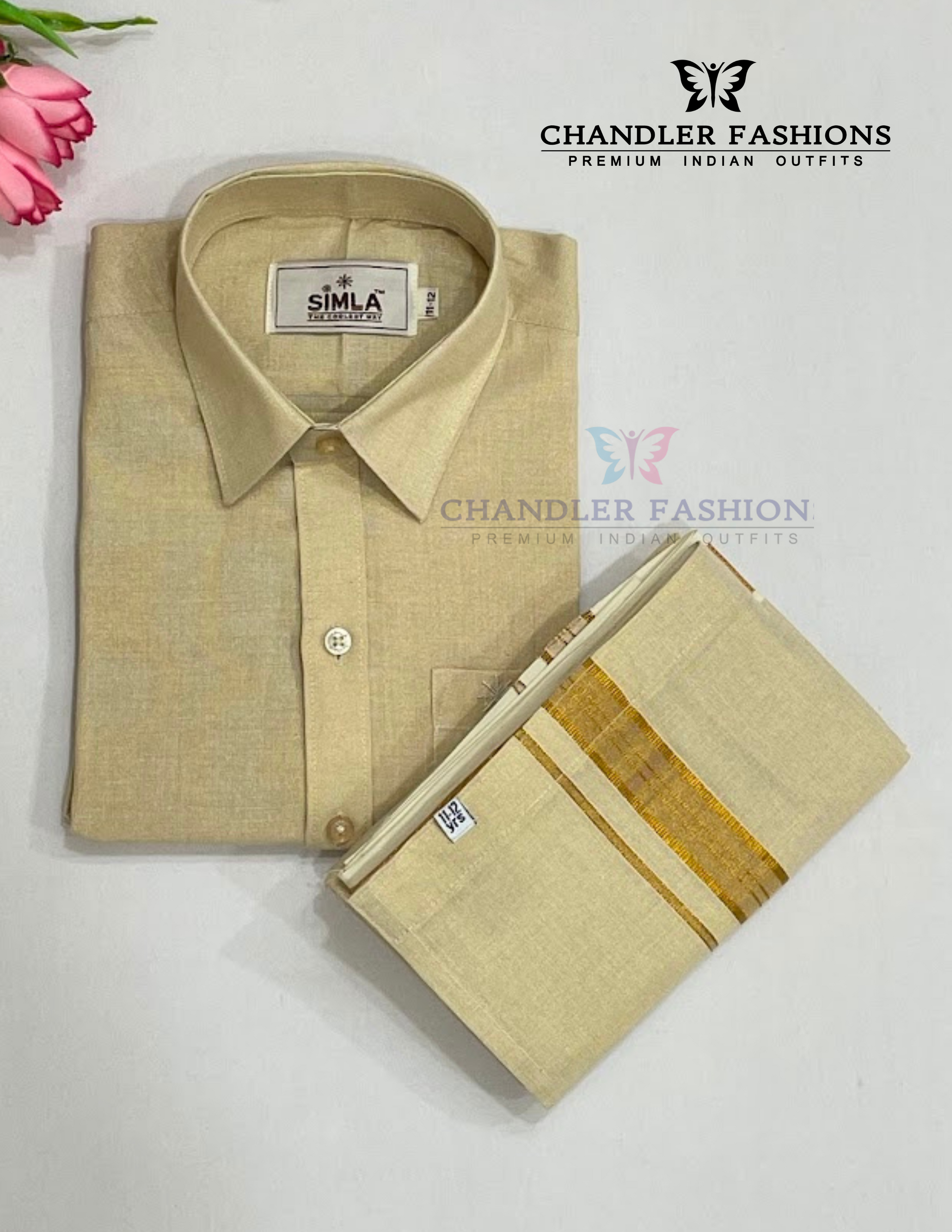 Pretty Sandal Color Cotton Shirt With Tissue Zari Work Dhoti Set For Kids Near Me