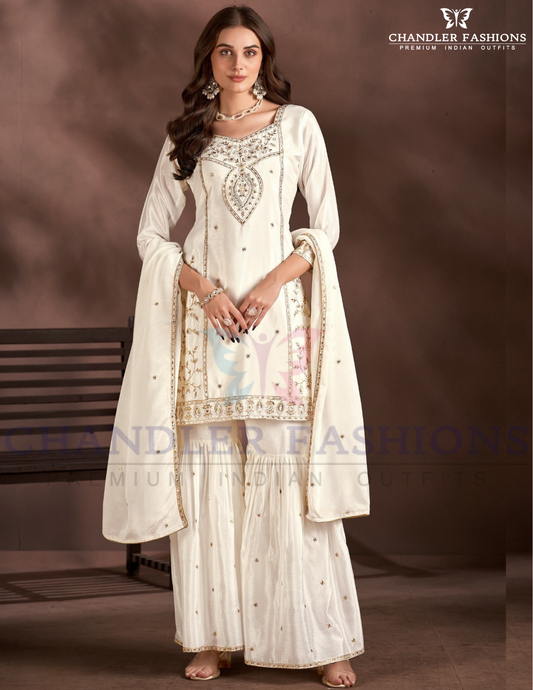 Alluring Cream Color Chinon With Heavy Embroidery Work Sharara Suits For Women