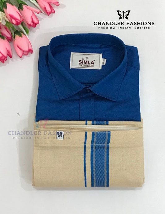 Graceful Blue Color Cotton Shirt With Tissue Zari Work Dhoti Set For Kids