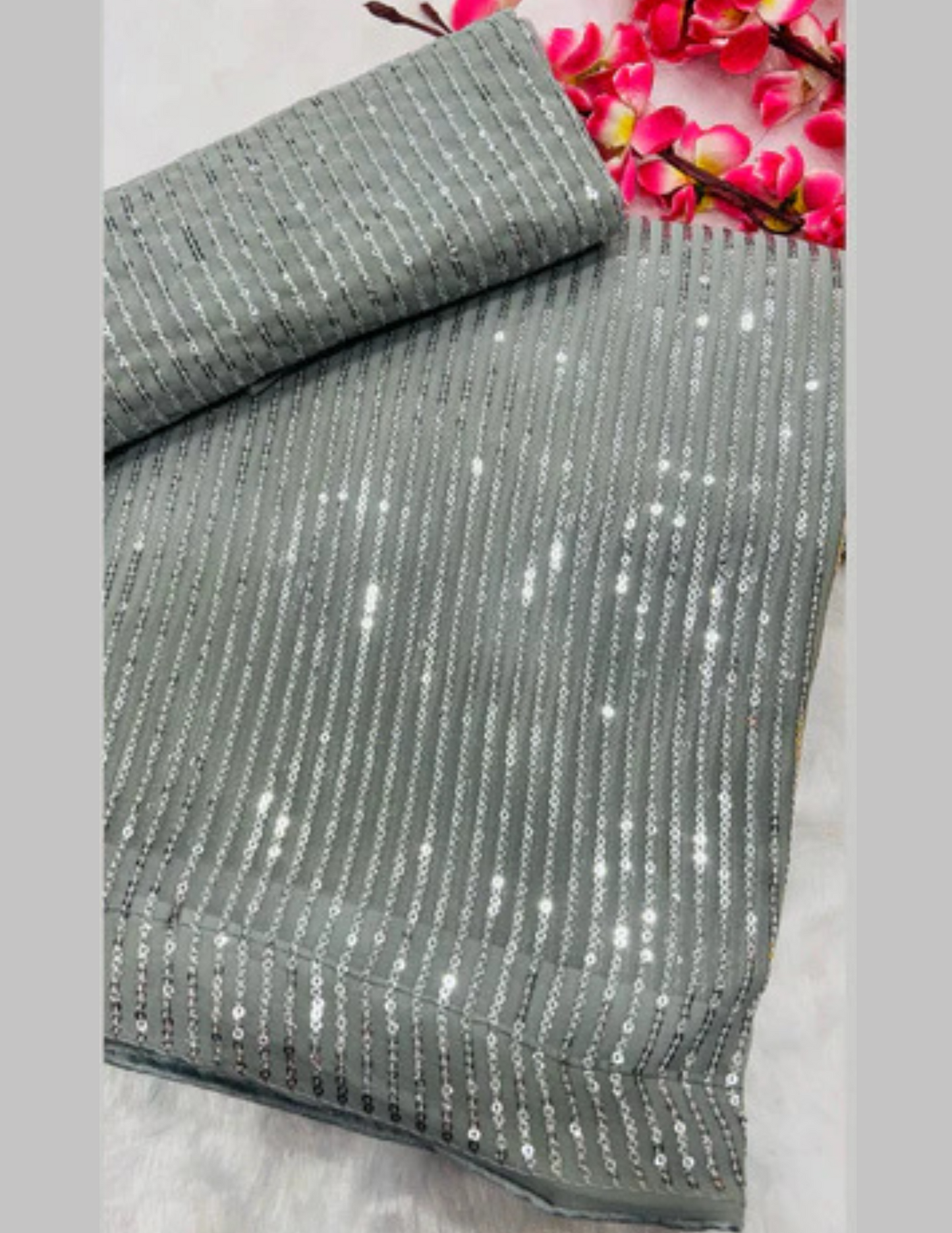 Gorgeous Gray Colored Sequins Embroidery Saree In USA