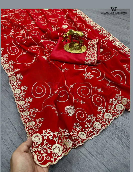 Stunning Red Color Georgette With Embroidered Work Saree For Women