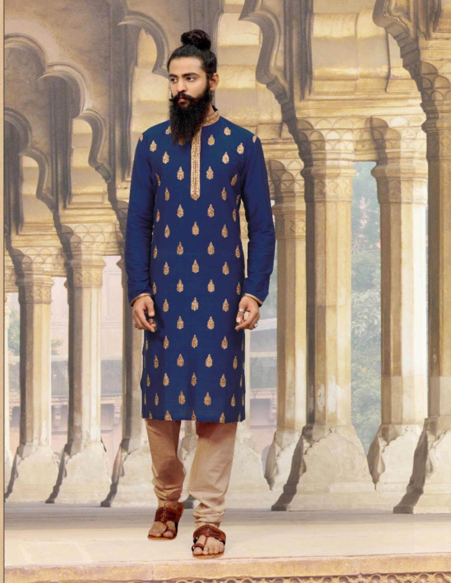 Attractive Navy Blue Color Slub Silk Neck Embroidery Work Men's Kurta Pajama Set For Men