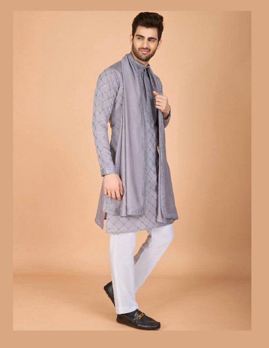 Fantastic Gray Color Thread With Embroidery And Sequins Work Pajama Suits