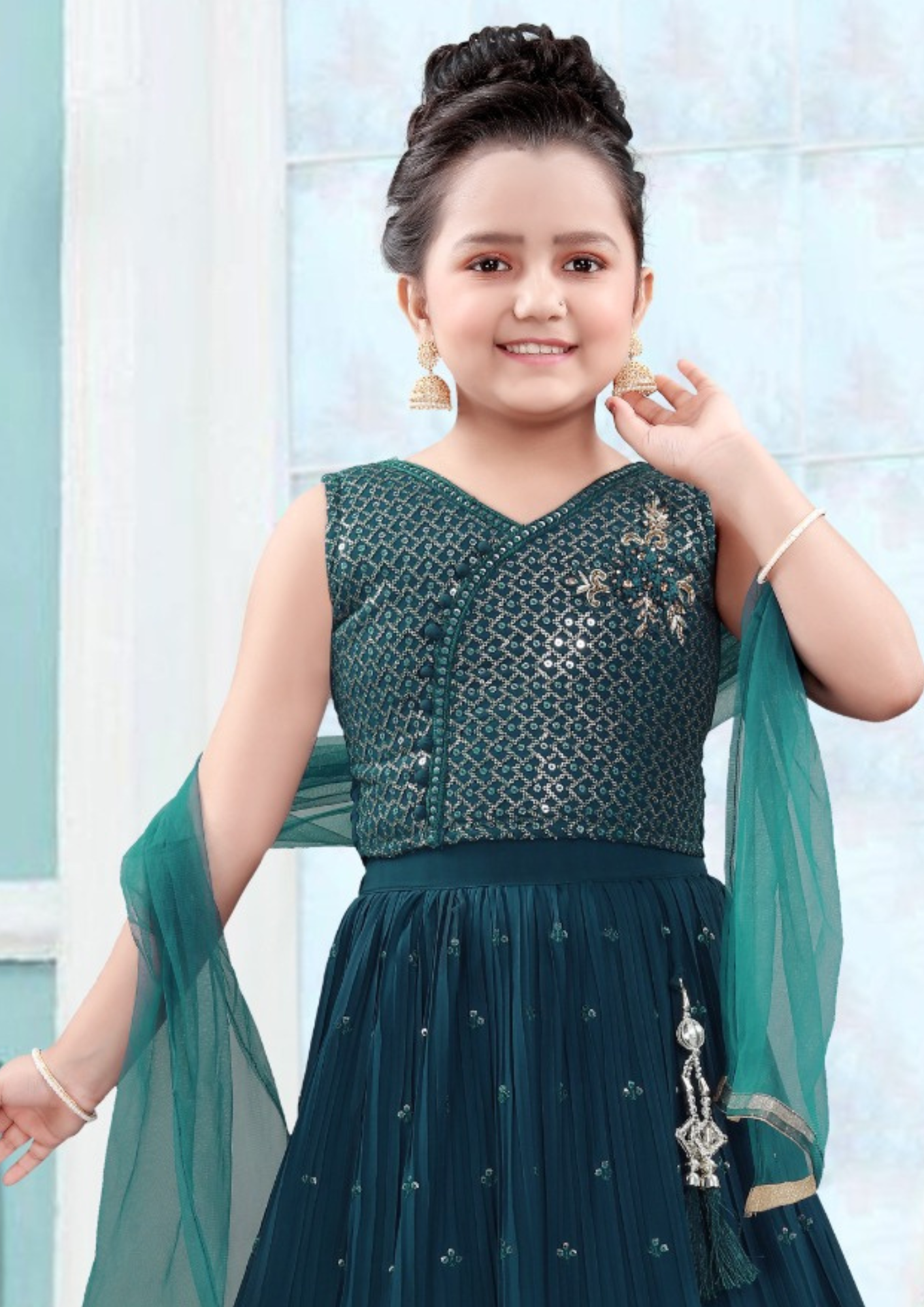 Stunning Embroidery Work Teal Green Colored Georgette Girls Choli Sets