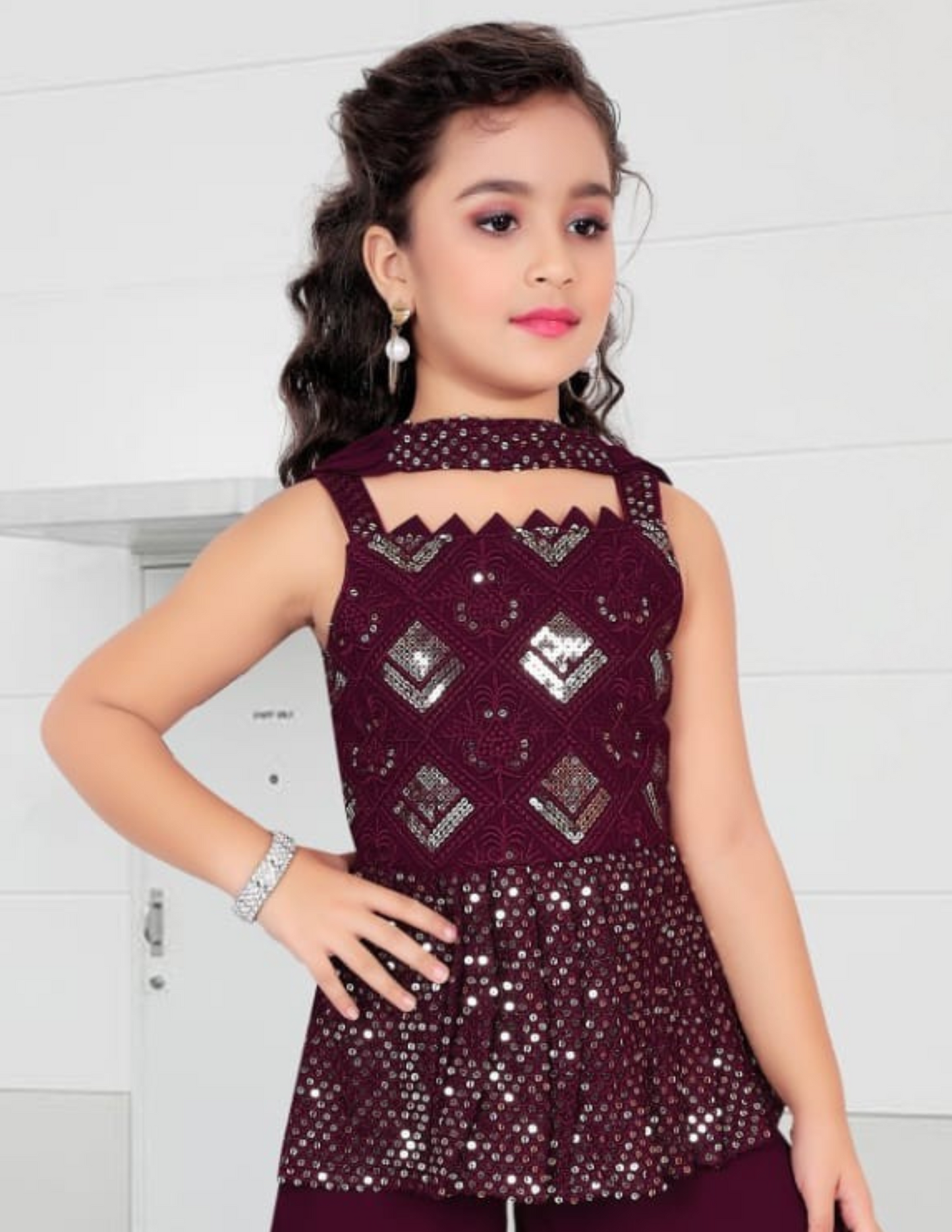 Attractive Wine Color Georgette Sequins Work Sharara Suit in Chandler