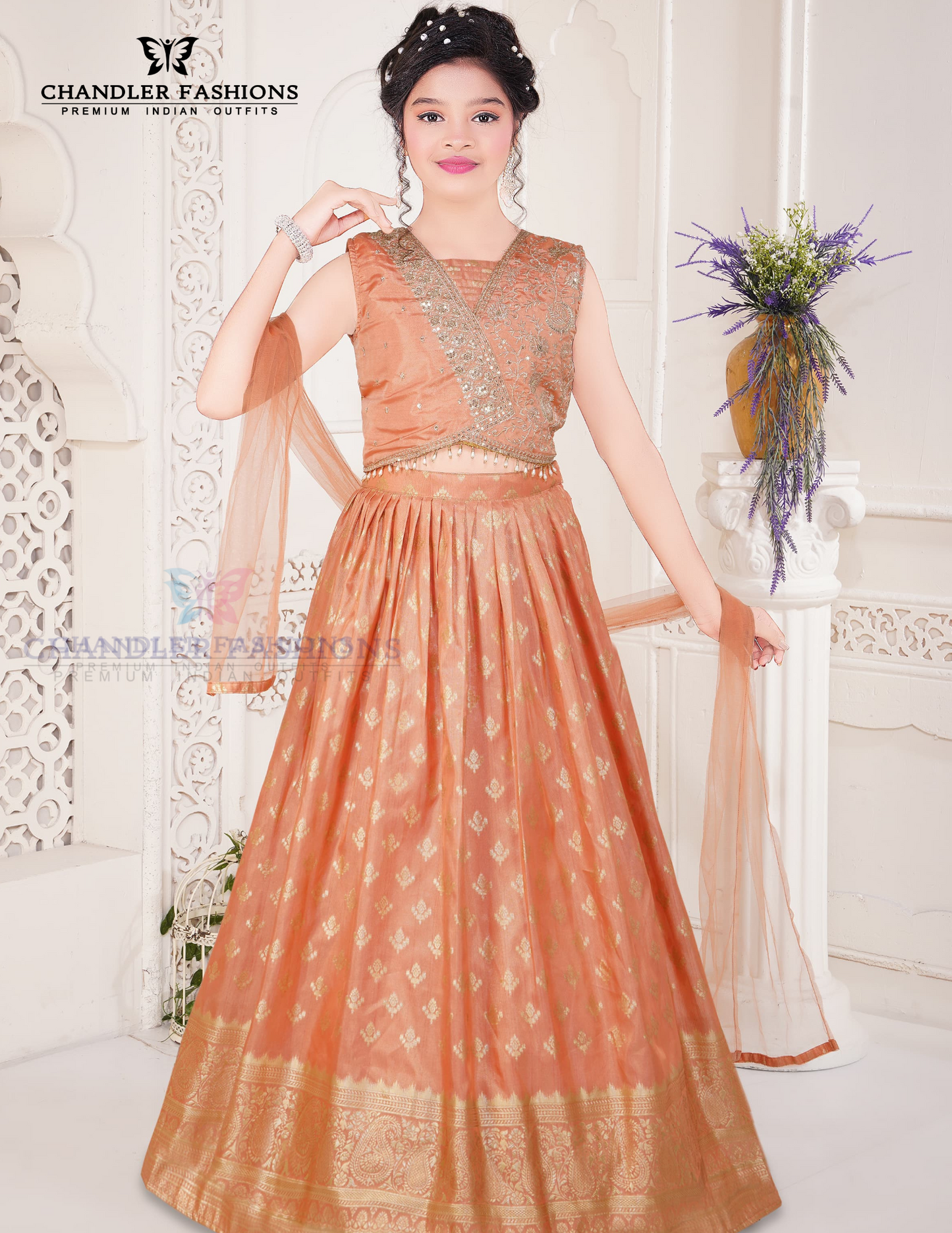 Attractive Orange Color Chanderi Cotton Embroidery Work Kurti Suit With Dupatta Set For Girls