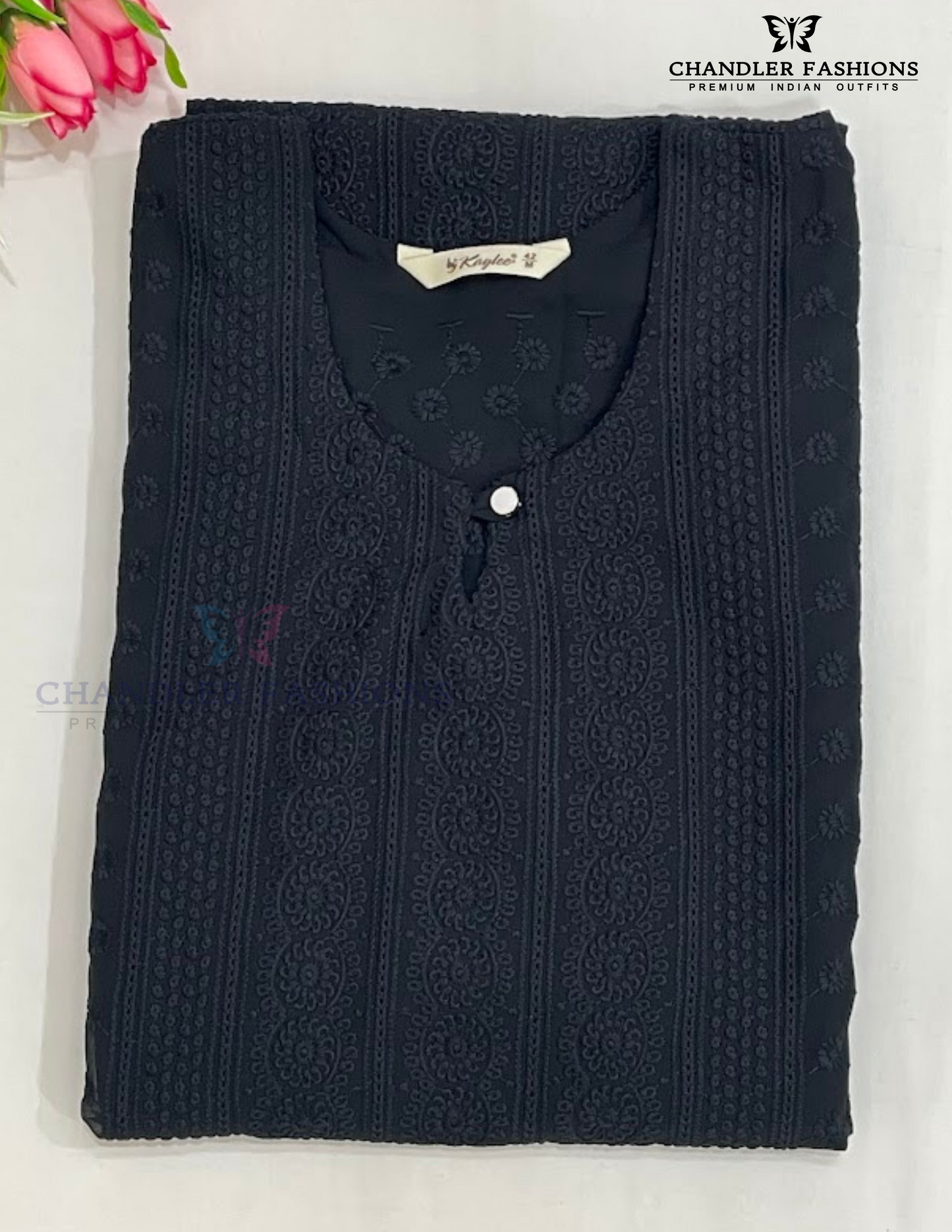 Stunning Black Color Gerogette With Embroidery Work Kurti In USA