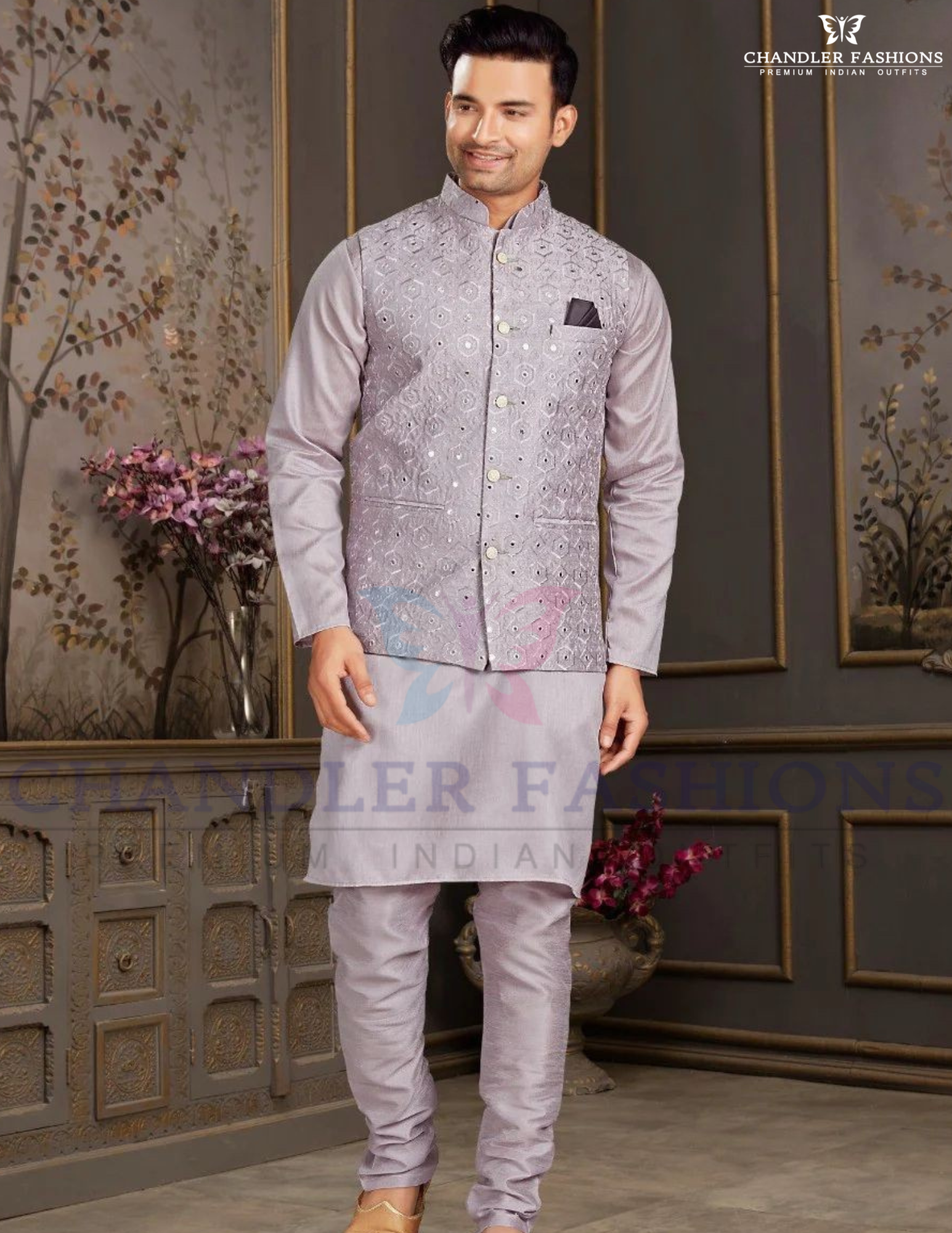 Wonderful Light Purple Color Silk Mastani Kurta Mirror Work With Silk Pajama And Jacket Set For Men