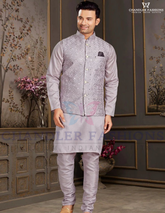 Wonderful Light Purple Color Silk Mastani Kurta Mirror Work With Silk Pajama And Jacket Set For Men