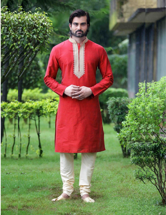 Alluring Red Color Neck Patten Work Slub Silk Men's Kurta With Pajama Set