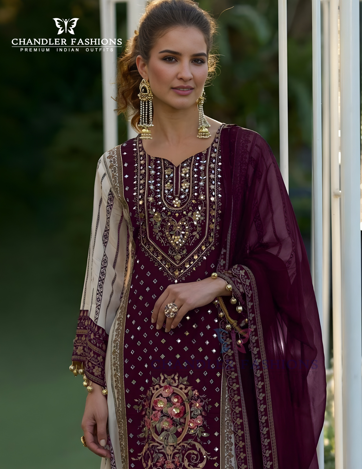 Purple Color Sheer With Printed And Fancy Embroidery Mirror Work Palazzo Suits Near Me