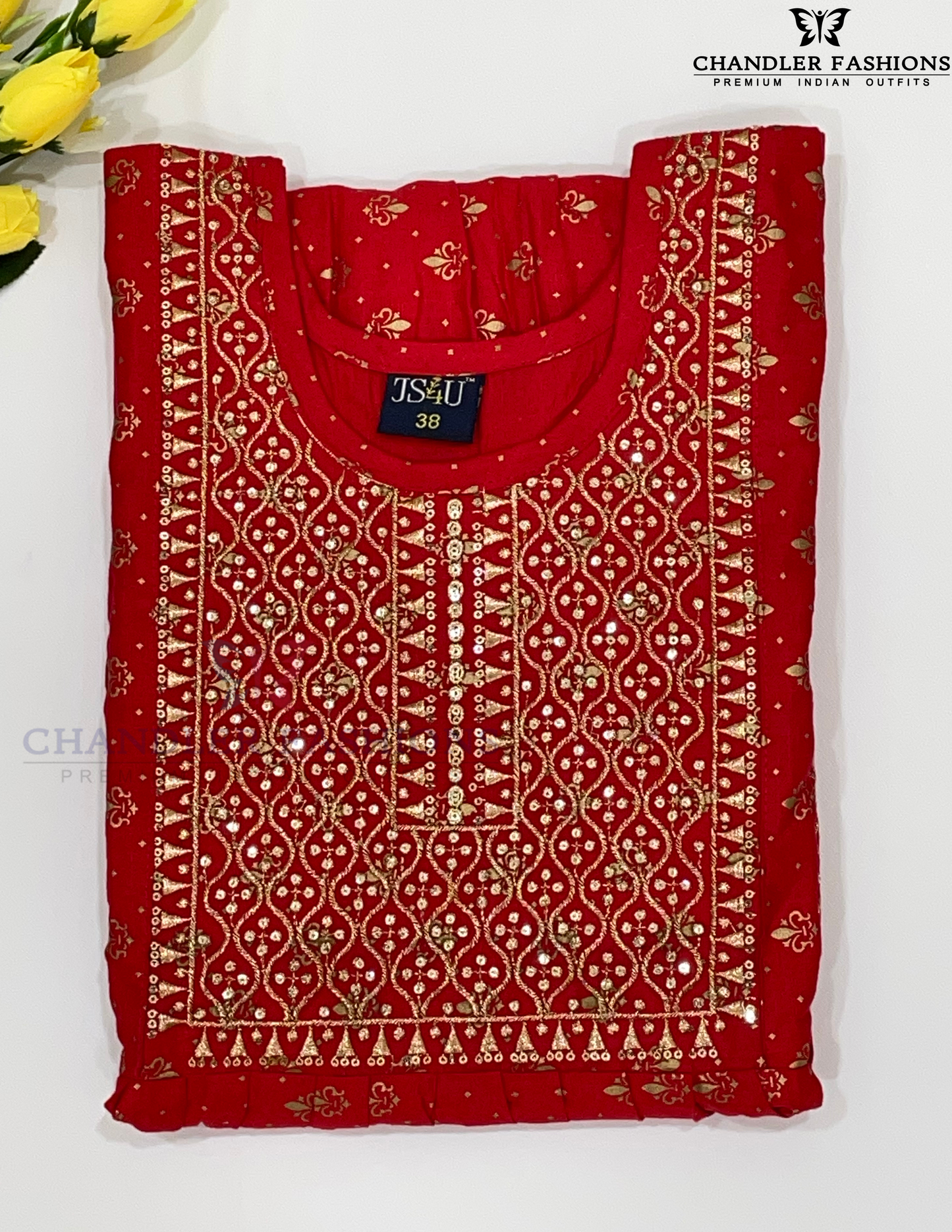 Attractive Red Color Embroidery With Sequins Work Rayon Kurti For Women Near Me
