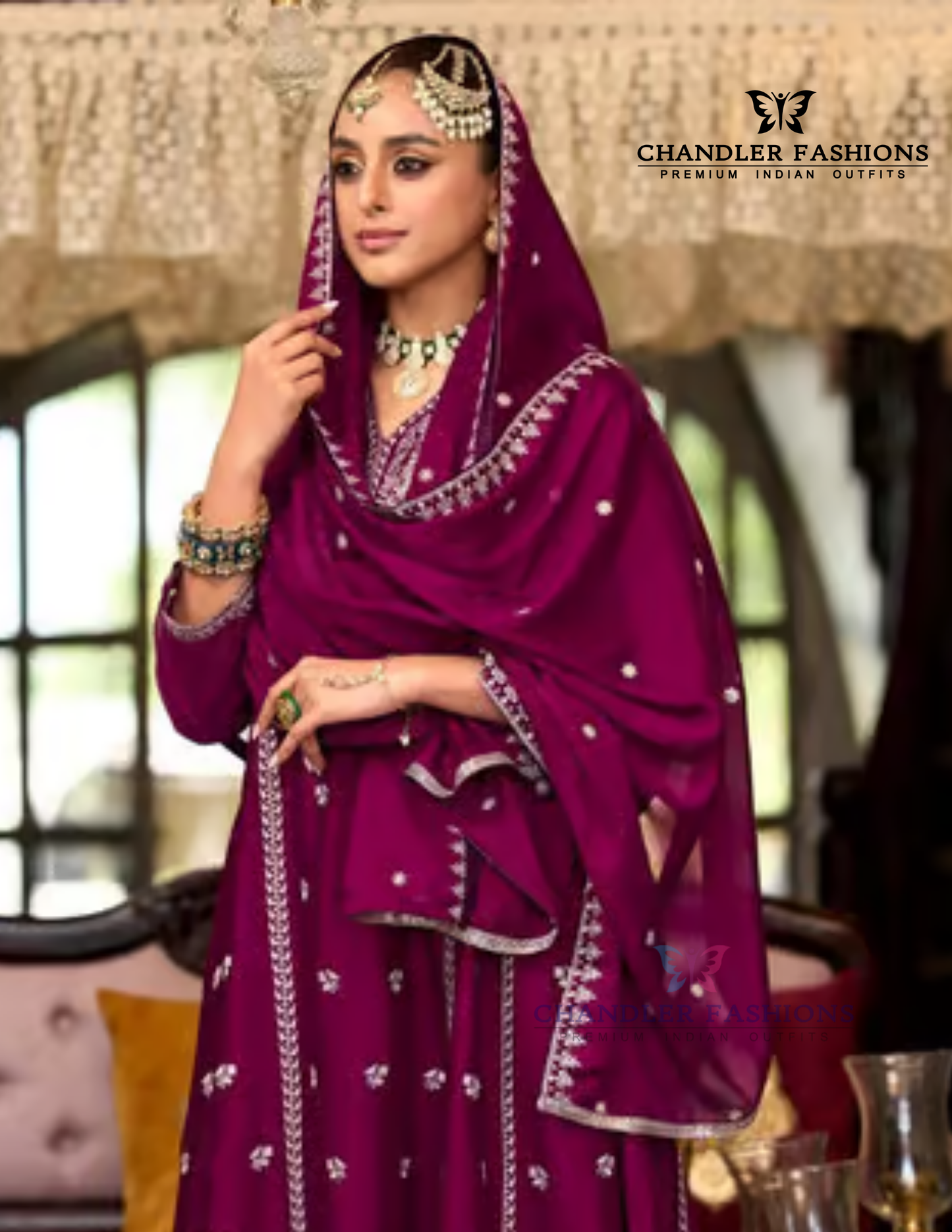 Beautiful Wine Color Heavy Chinon Salwar Suits With Embroidery Work In Scottsdale