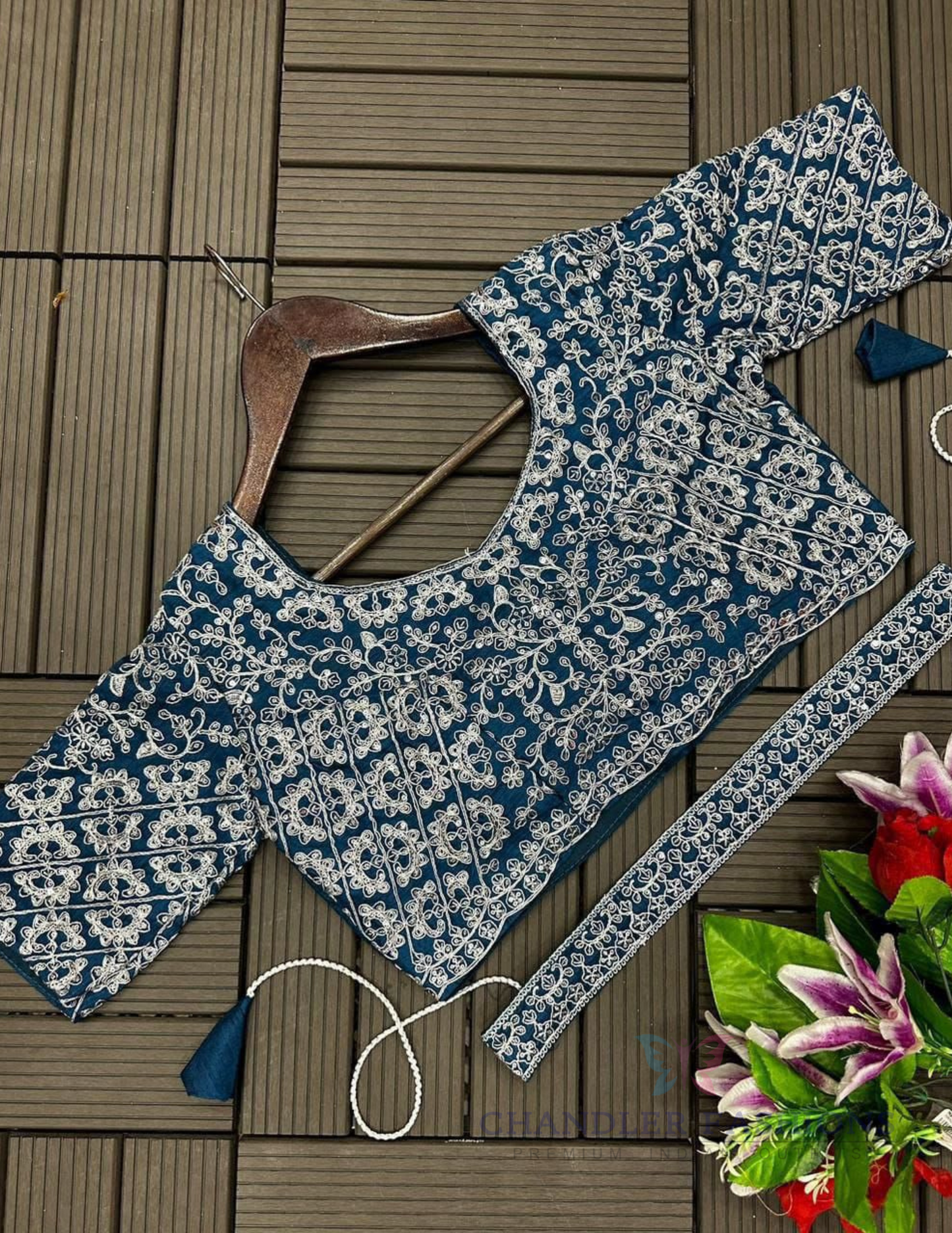 Stunning Teal Blue Colored Chinon Ready To Wear Saree In USA